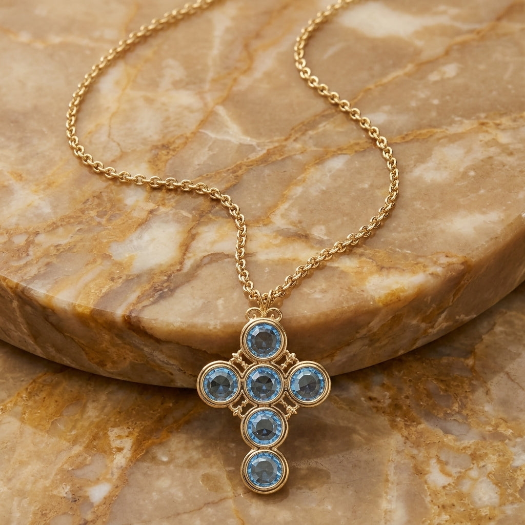 Gold necklace with a cross pendant featuring blue crystals on a marble surface