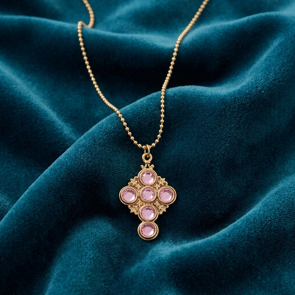 Gold necklace with pink crystal and cross pendant on a blue velvet background