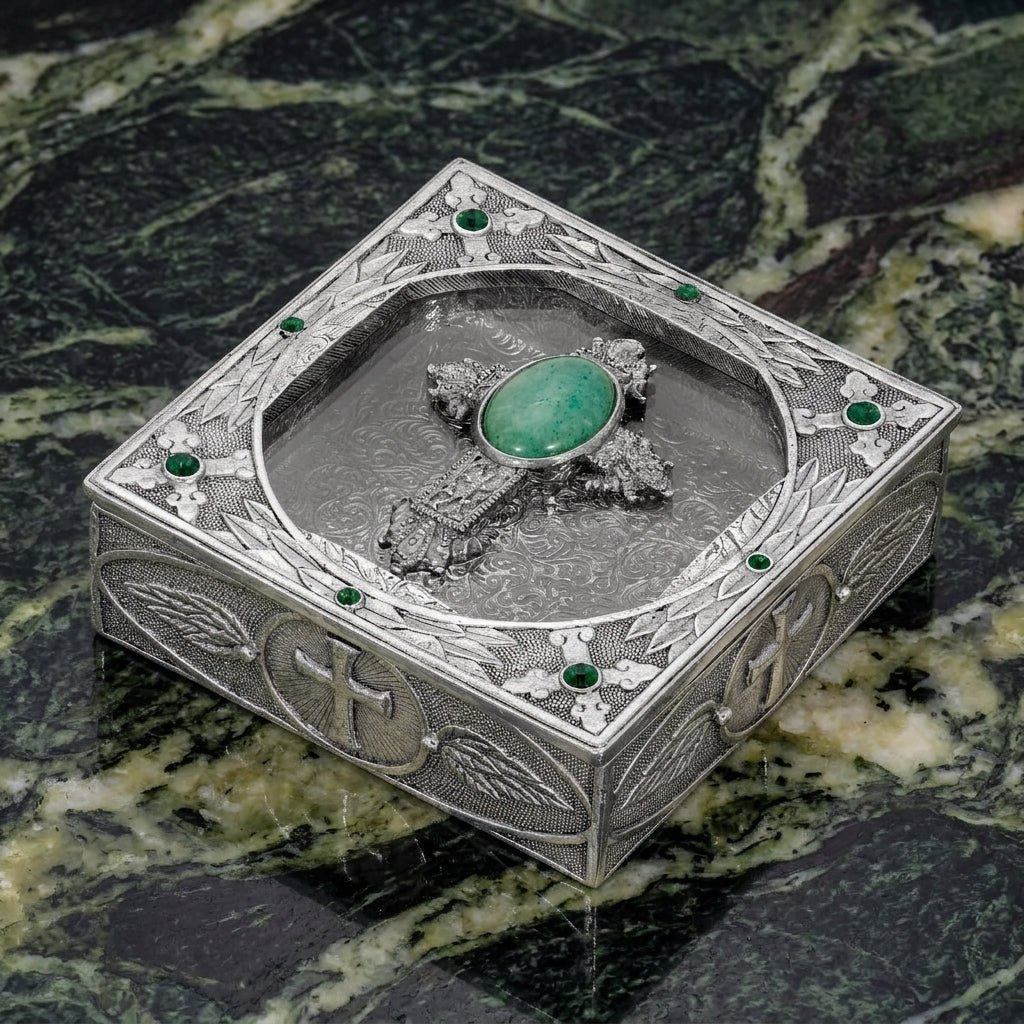 Decorative silver rosary box with jade green gemstone on a marble surface
