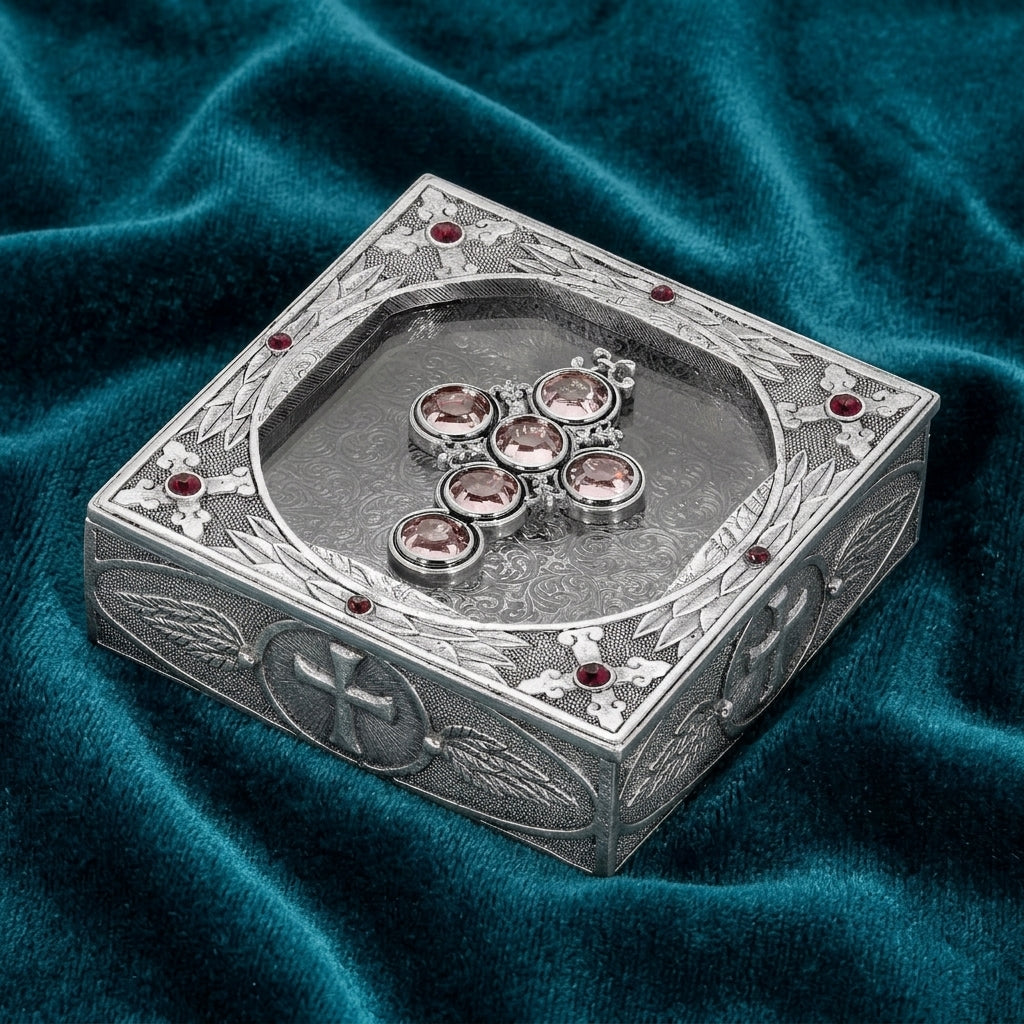 Decorative silver rosary box with pink crystals on a blue fabric background