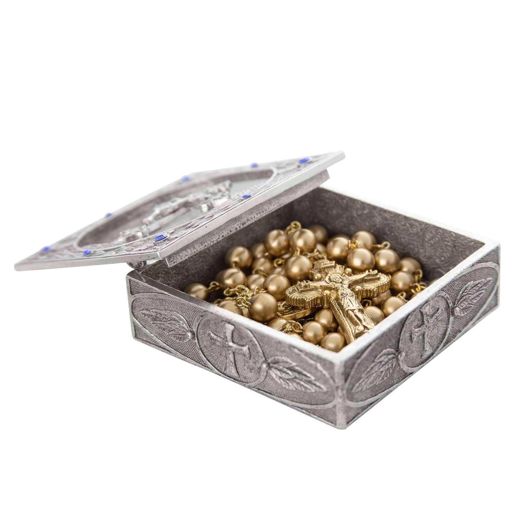 Symbols Of Faith Pewter Sapphire Blue Austrian Crystal Crucifix Rosary Box