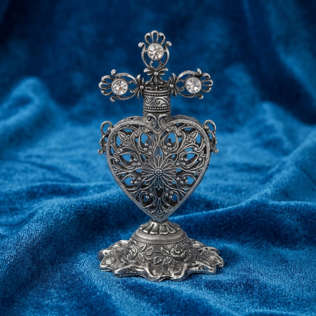 Decorative silver heart-shaped perfume bottle with cross design and crystals on a blue fabric background