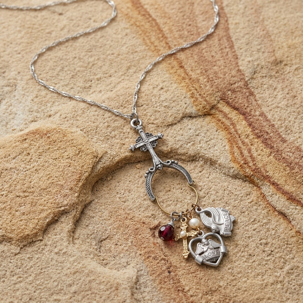 Multiple charm cross pendant necklace resting on a brown sandstone surface