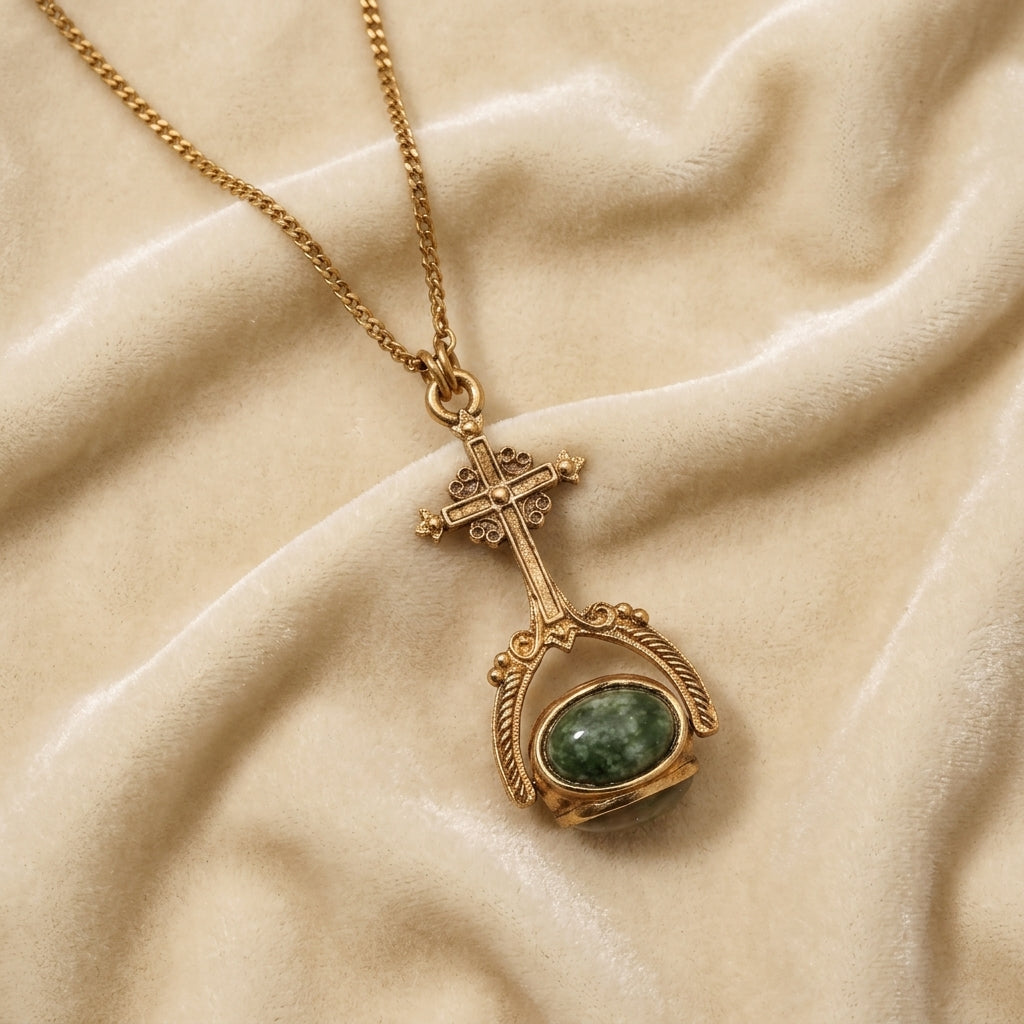Gold necklace with a green gemstone cross-design spinner pendant on beige fabric