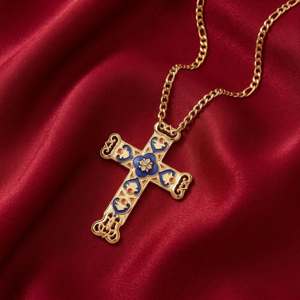 Decorative cross pendant on a gold chain against a red satin background
