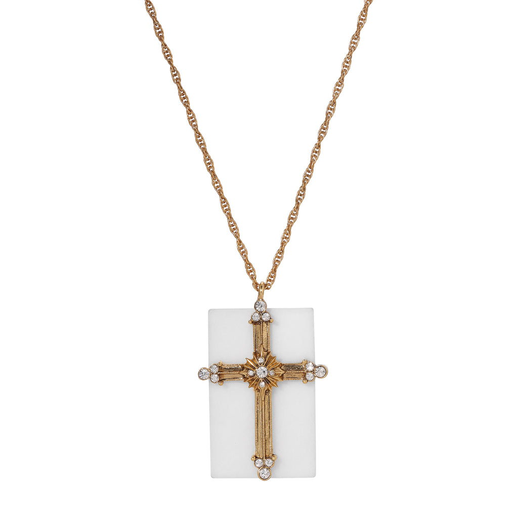 Symbols Of Faith Radiant Crystal Cross & White Quartz Gemstone Pendant Necklace 28"