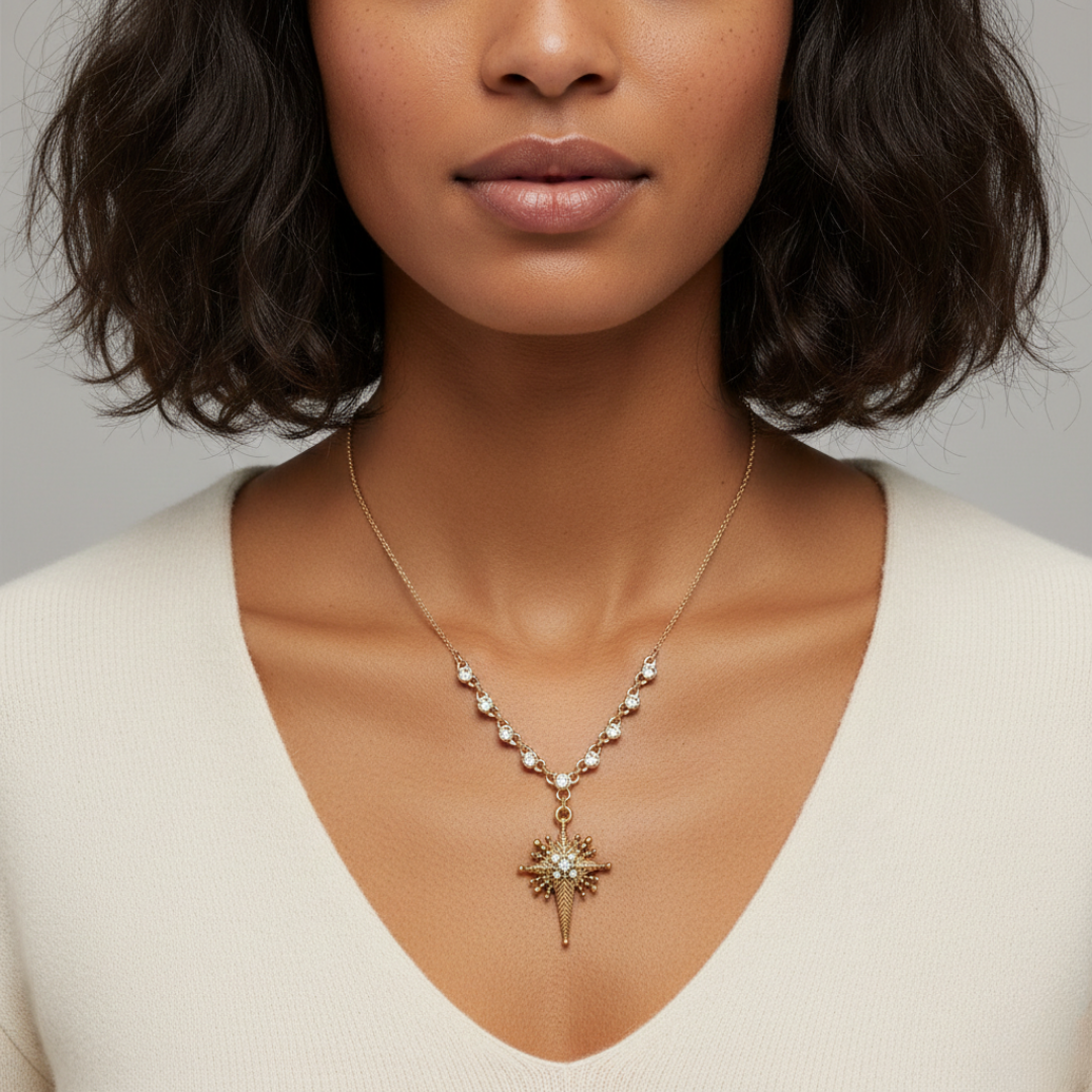 Woman wearing a gold cross necklace with a star pendant on a neutral background