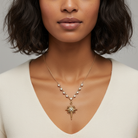 Woman wearing a gold cross necklace with a star pendant on a neutral background