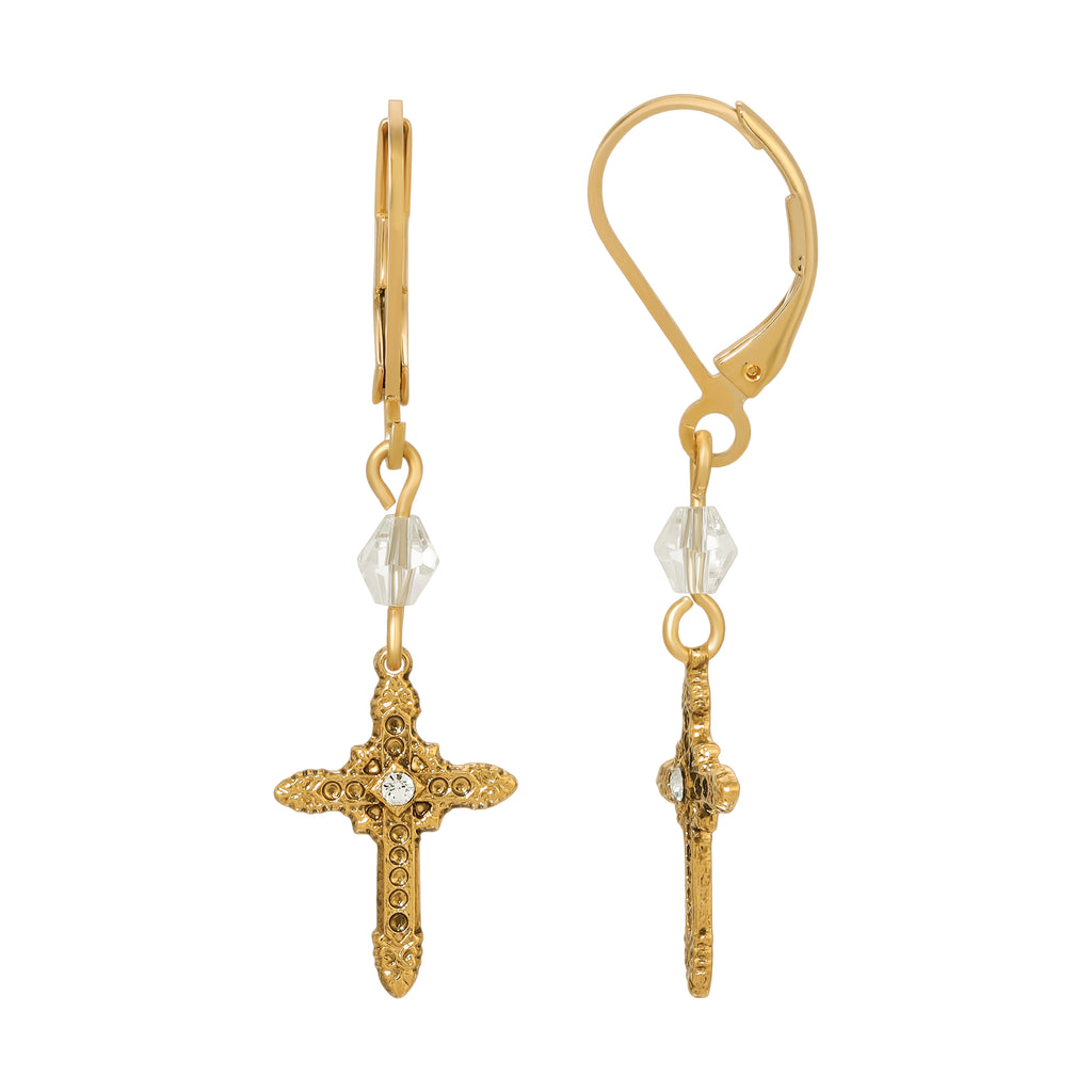 Symbols Of Faith Ornate Cross With Crystal & Lantern Bead Dangling Earrings