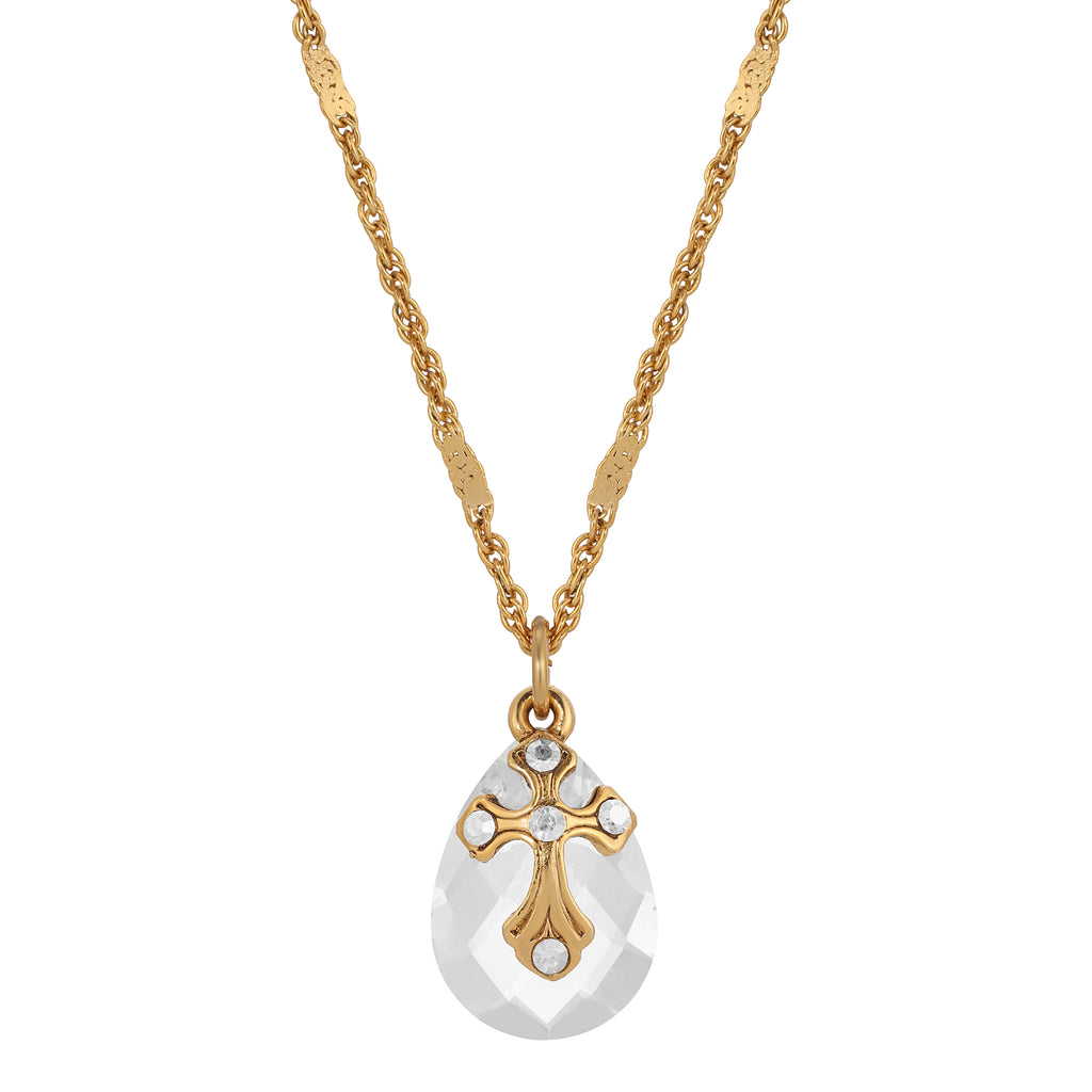 Symbols Of Faith Briolette Crystal & Cross Pendant Necklace 16" + 3" Extender