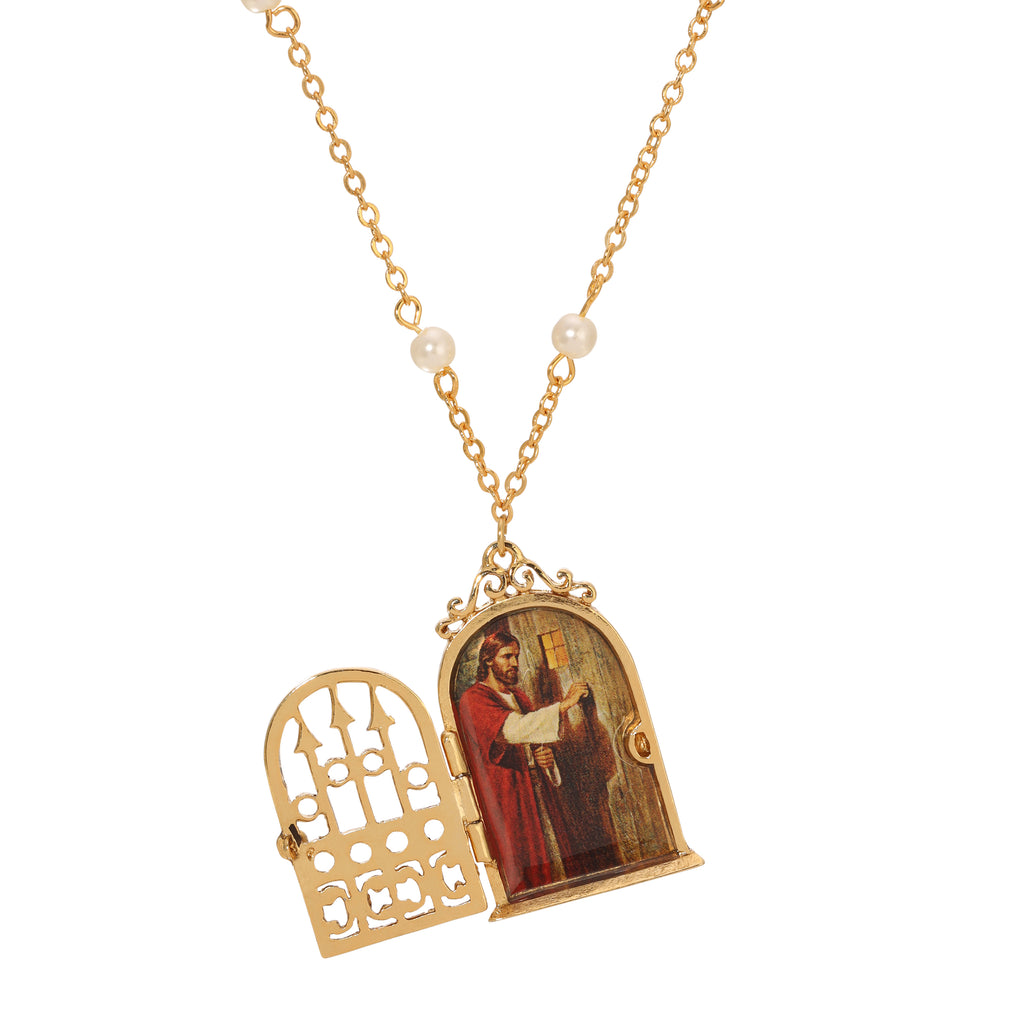 symbols of faith jesus at the door locket faux pearl necklace 24
