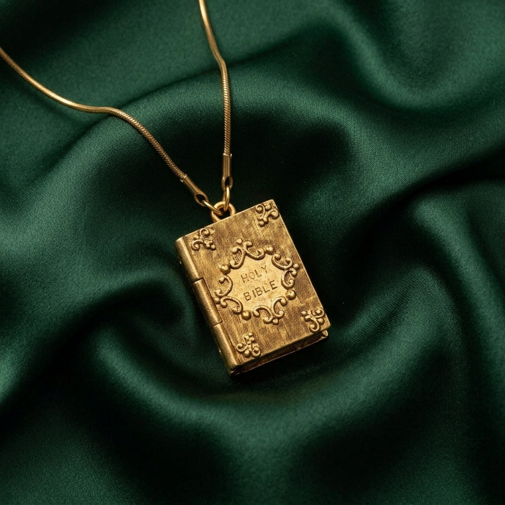 Gold 'Holy Bible' pendant on a green fabric background