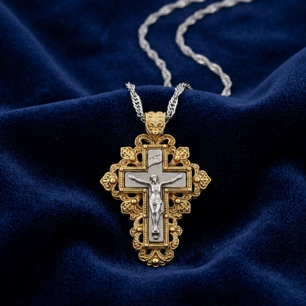 Gold and silver cross crucifix pendant on a blue fabric background