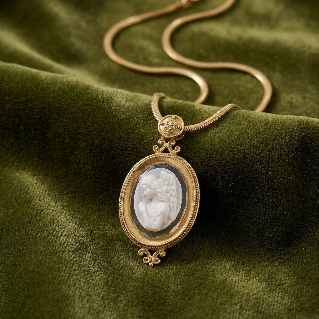 Gold necklace with a praying angel pendant on a green fabric background 