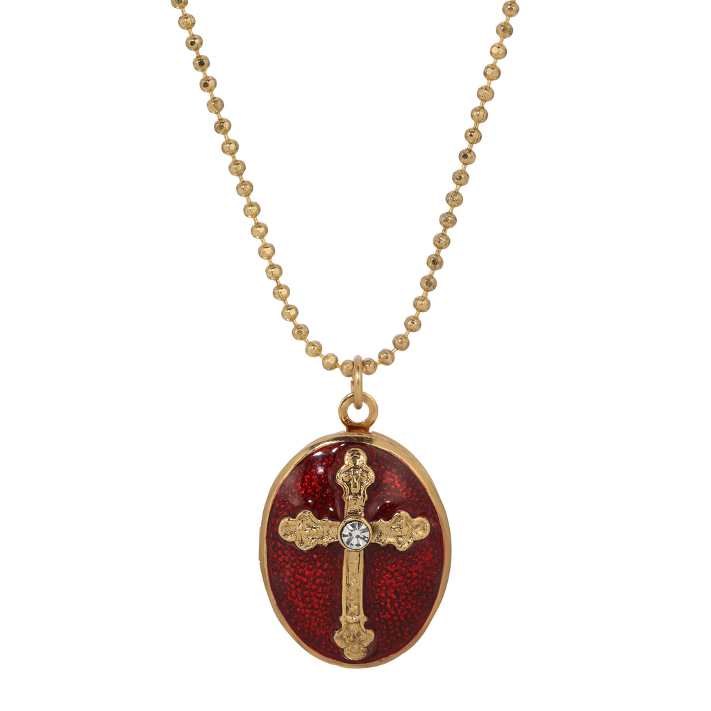 Symbols Of Faith Budded Cross Oval Enamel Photo Locket Pendant Necklace 18"