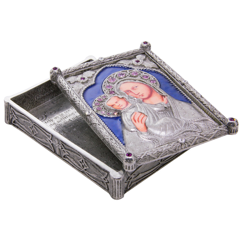 pewter blue mary child rosary box
