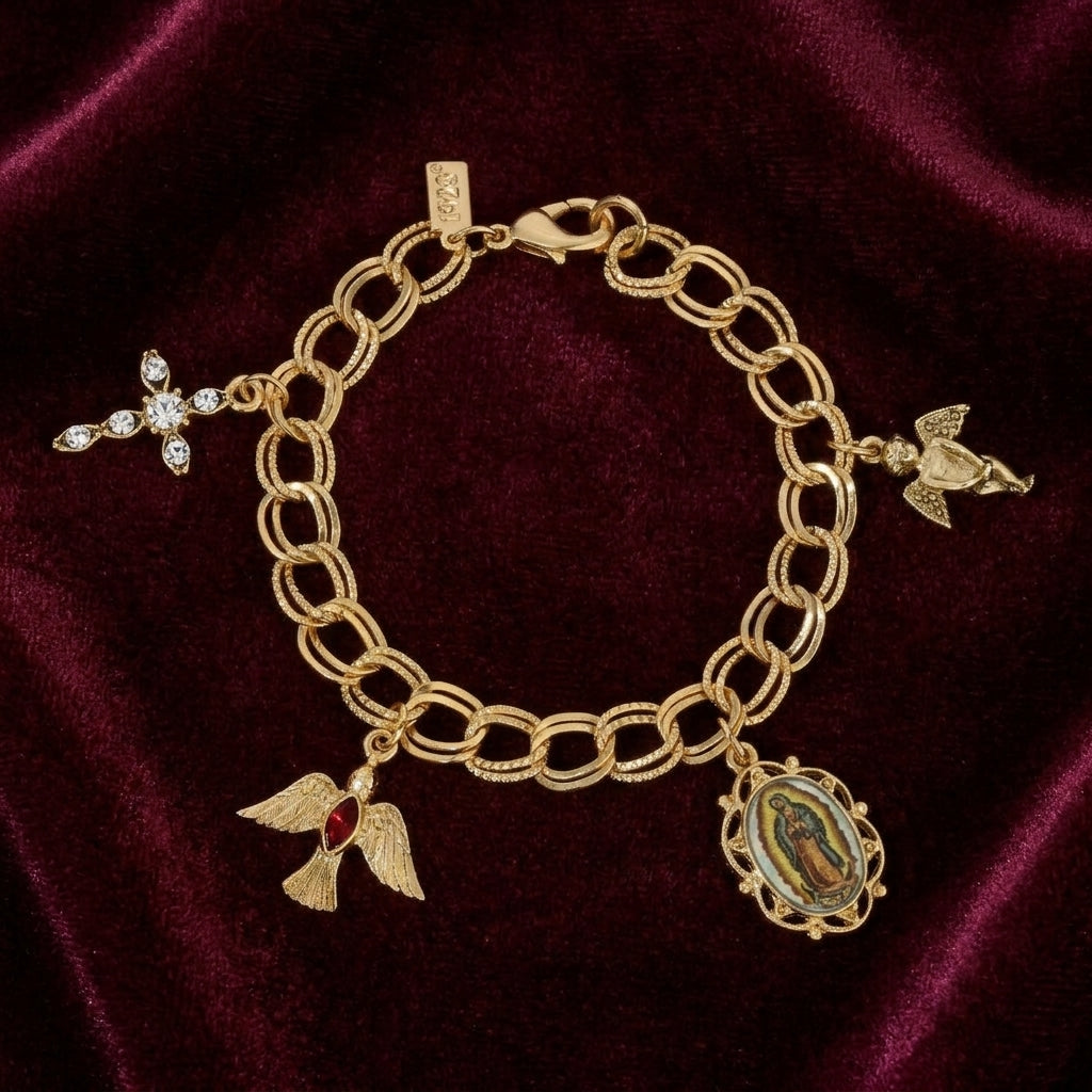 Gold bracelet with religious charms on a maroon velvet background