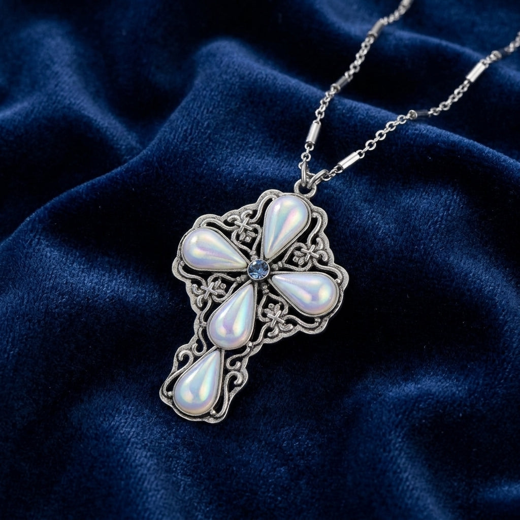 Silver tone crystal necklace with sapphire blue crystal accents resting on a dark blue fabric surface