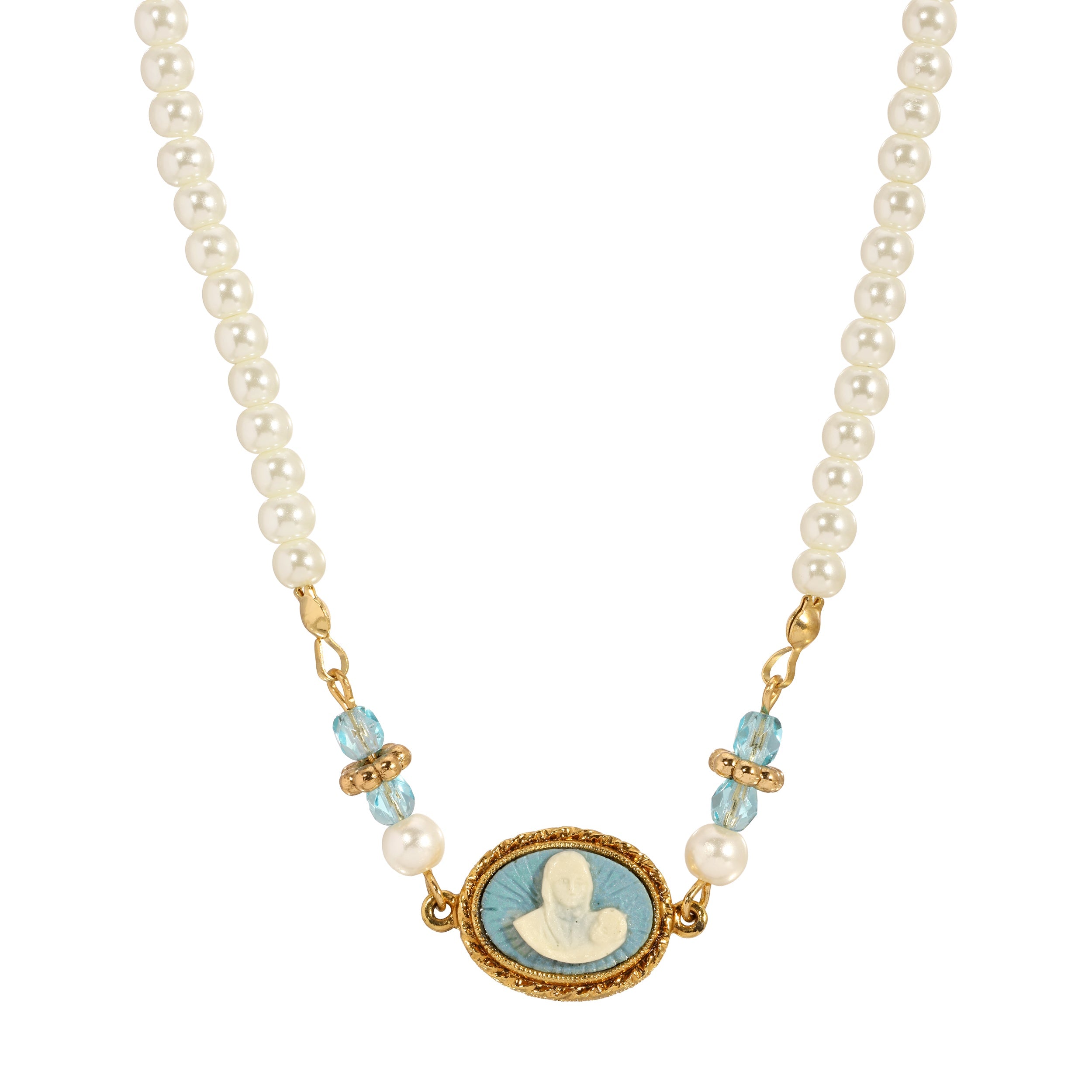 Symbols Of Faith Aqua & Ivory Mother And Child Cameo Faux Pearl Strand Necklace 16" + 3" Extension