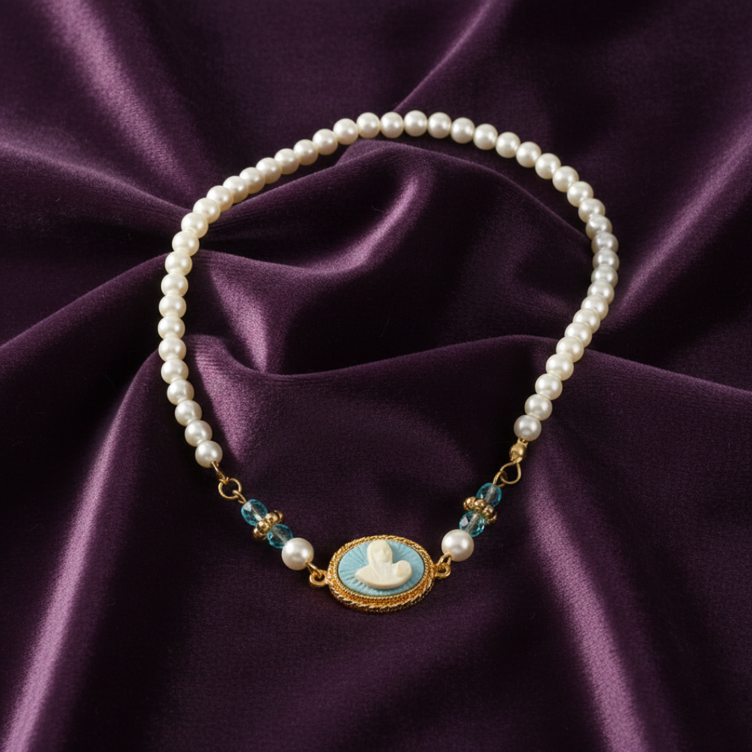 Faux pearl necklace with a decorative pendant on a purple satin background