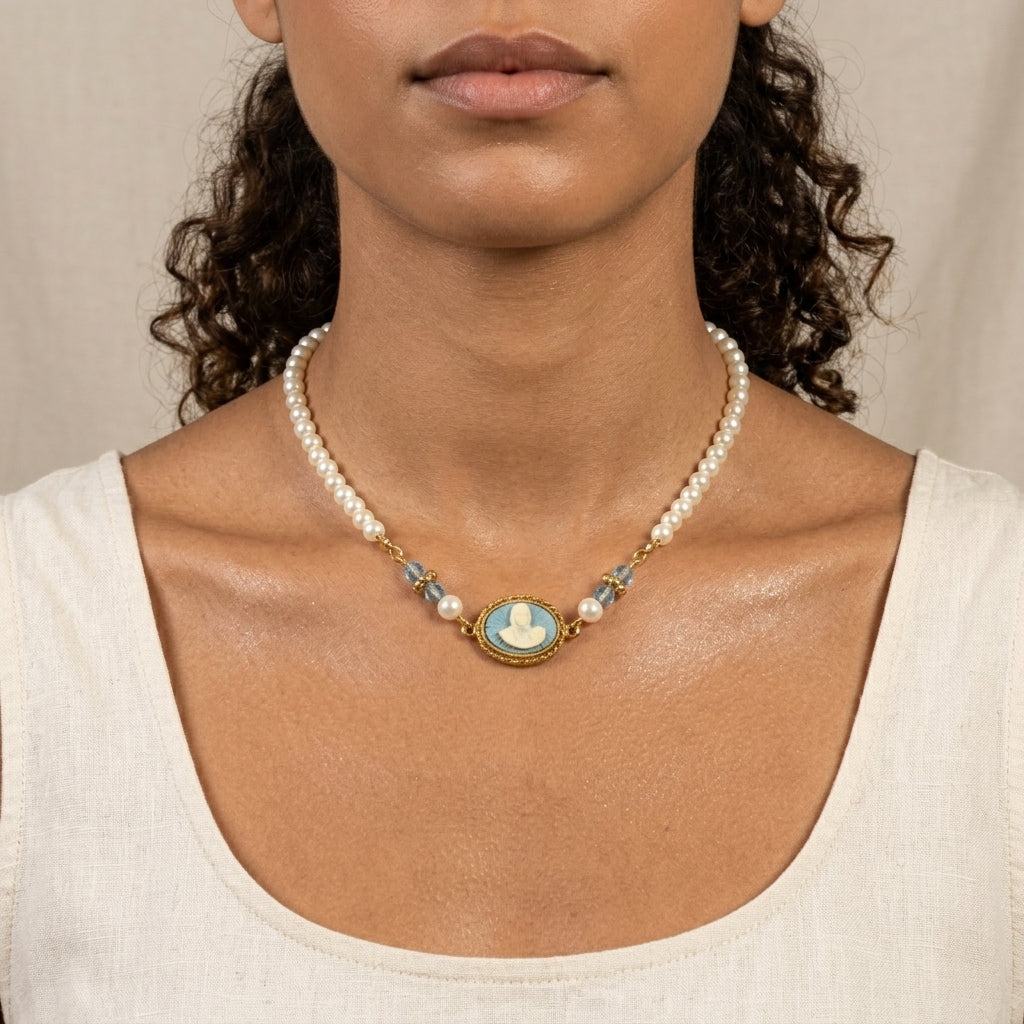 Woman wearing Aqua & Ivory Mother And Child Cameo Faux Pearl Strand Necklace