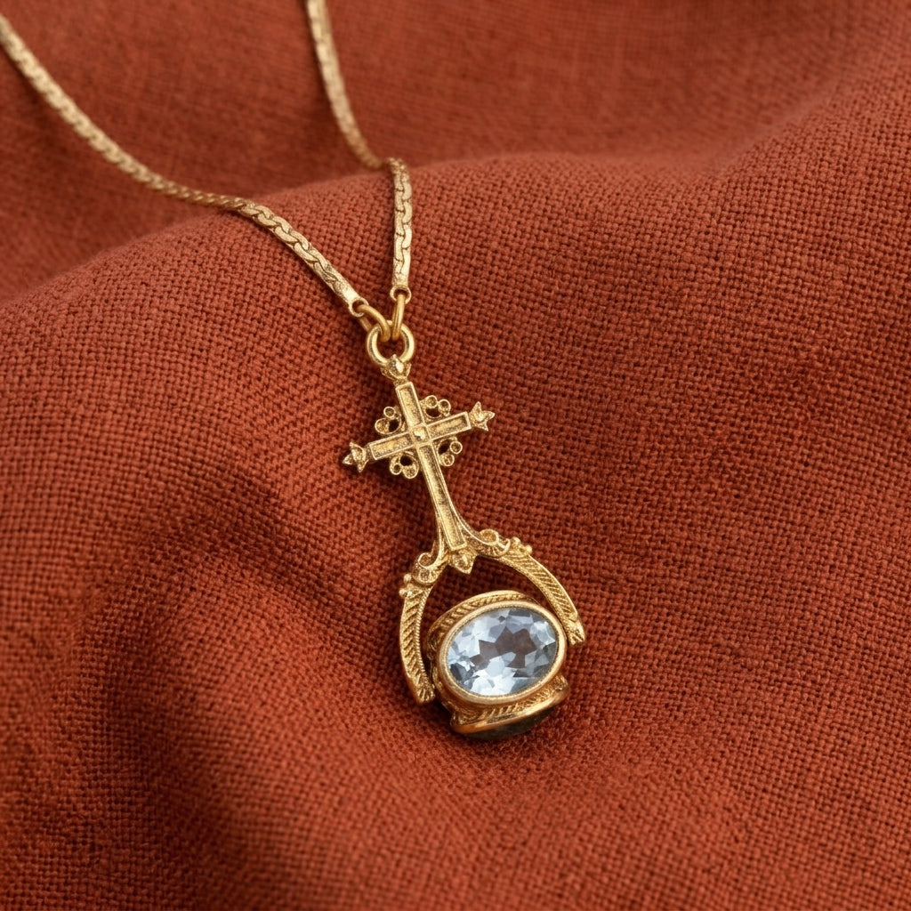 Gold necklace with a pendant featuring a blue crystal cross spinner pendant on a brown fabric background