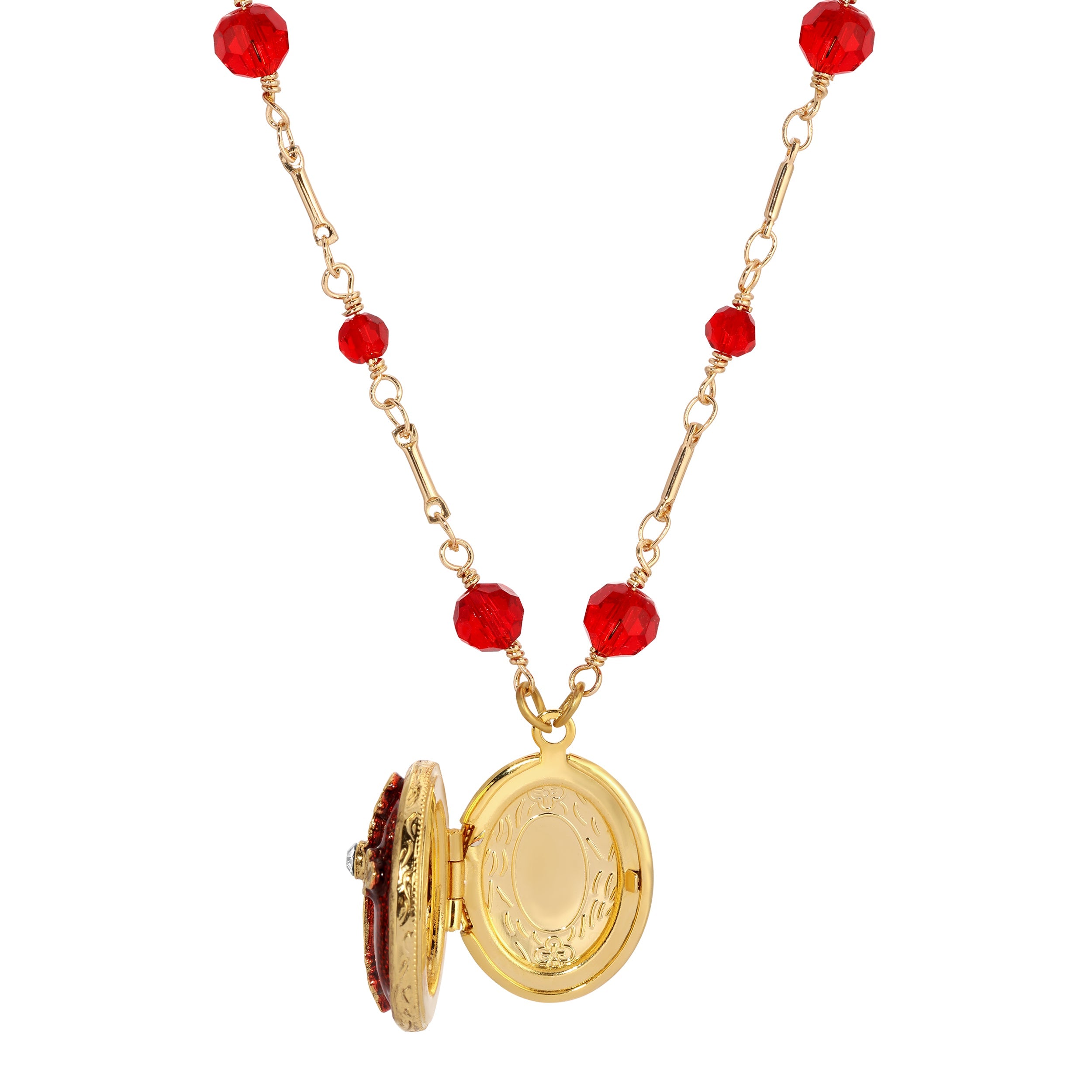 Symbols Of Faith Siam Red Crystal Oval Photo Locket Necklace 16"