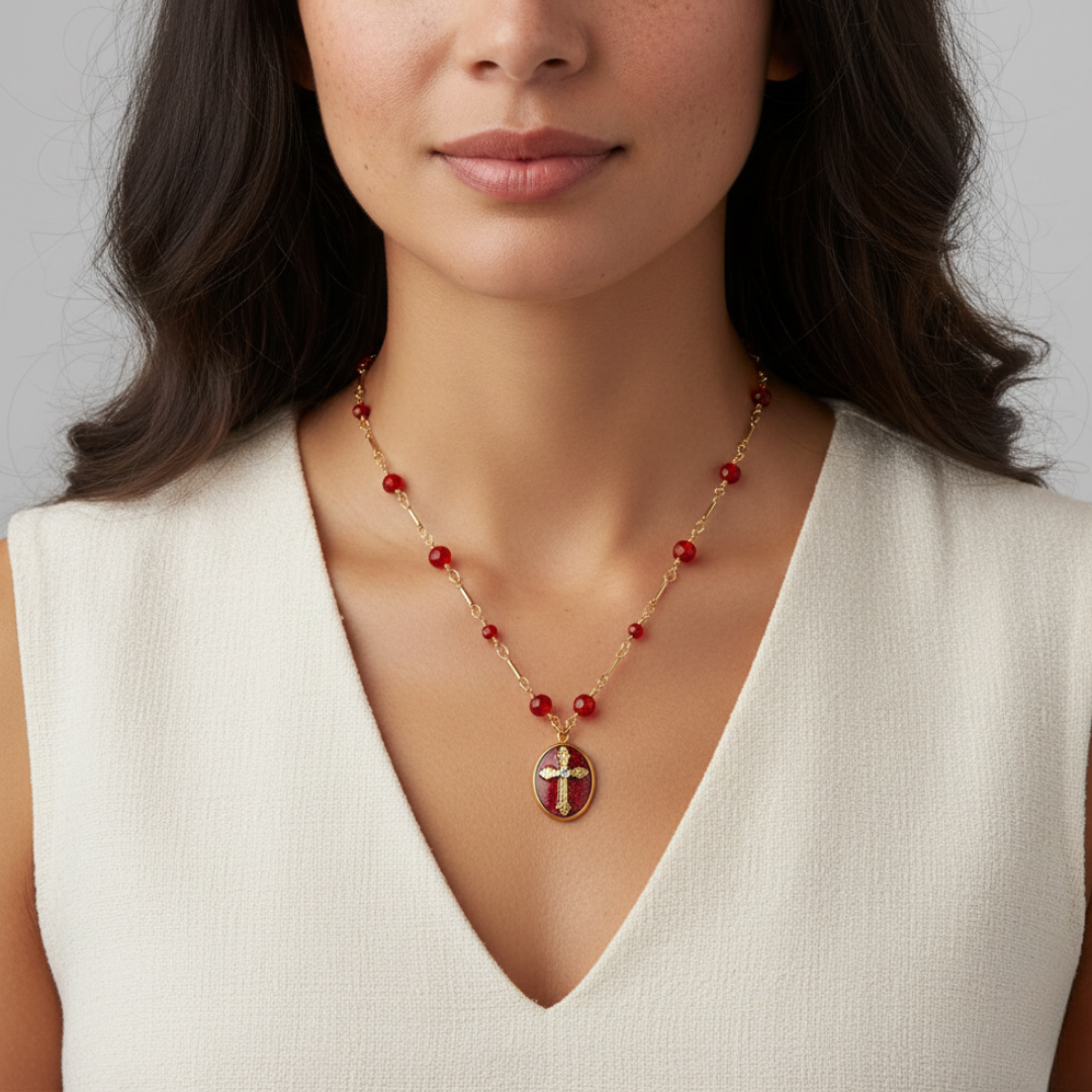 Woman wearing a necklace with a red pendant and a cross with a gold chain on a neutral background.