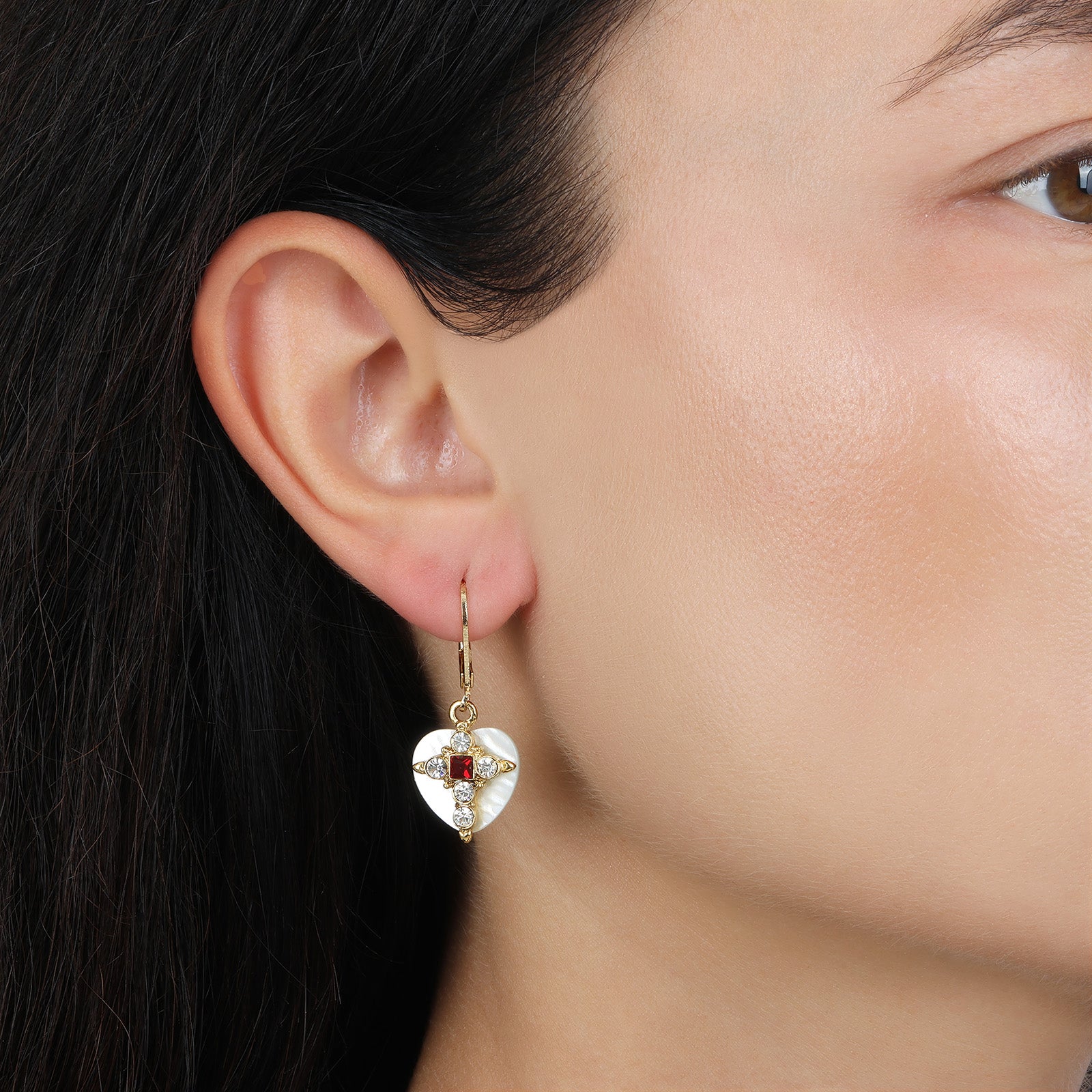 Symbols Of Faith Mother Of Pearl Hearts & Crystals Cross Earrings