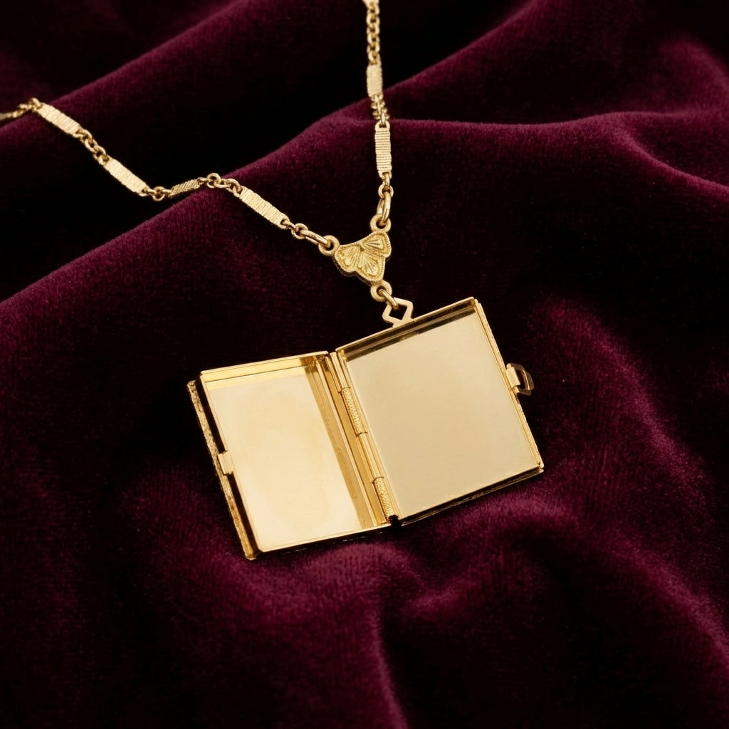 Gold necklace with an open book locket on a dark purple fabric background