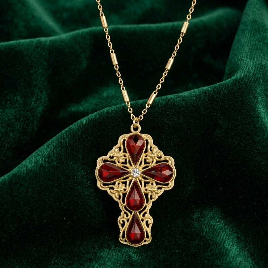 Gold necklace with a red crystal cross pendant on a green fabric background