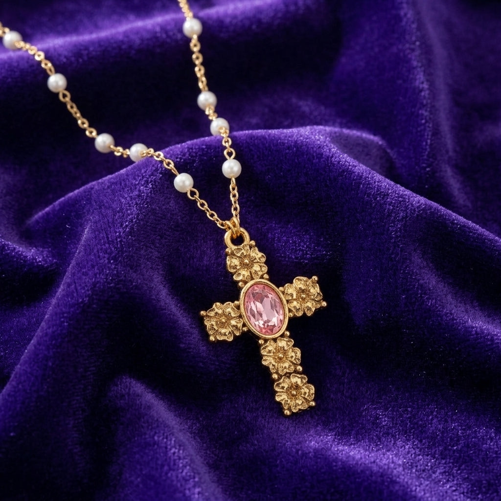 Gold tone cross pendant necklace with a pink crystal and white faux pearl beads on the chain resting on a dark purple fabric