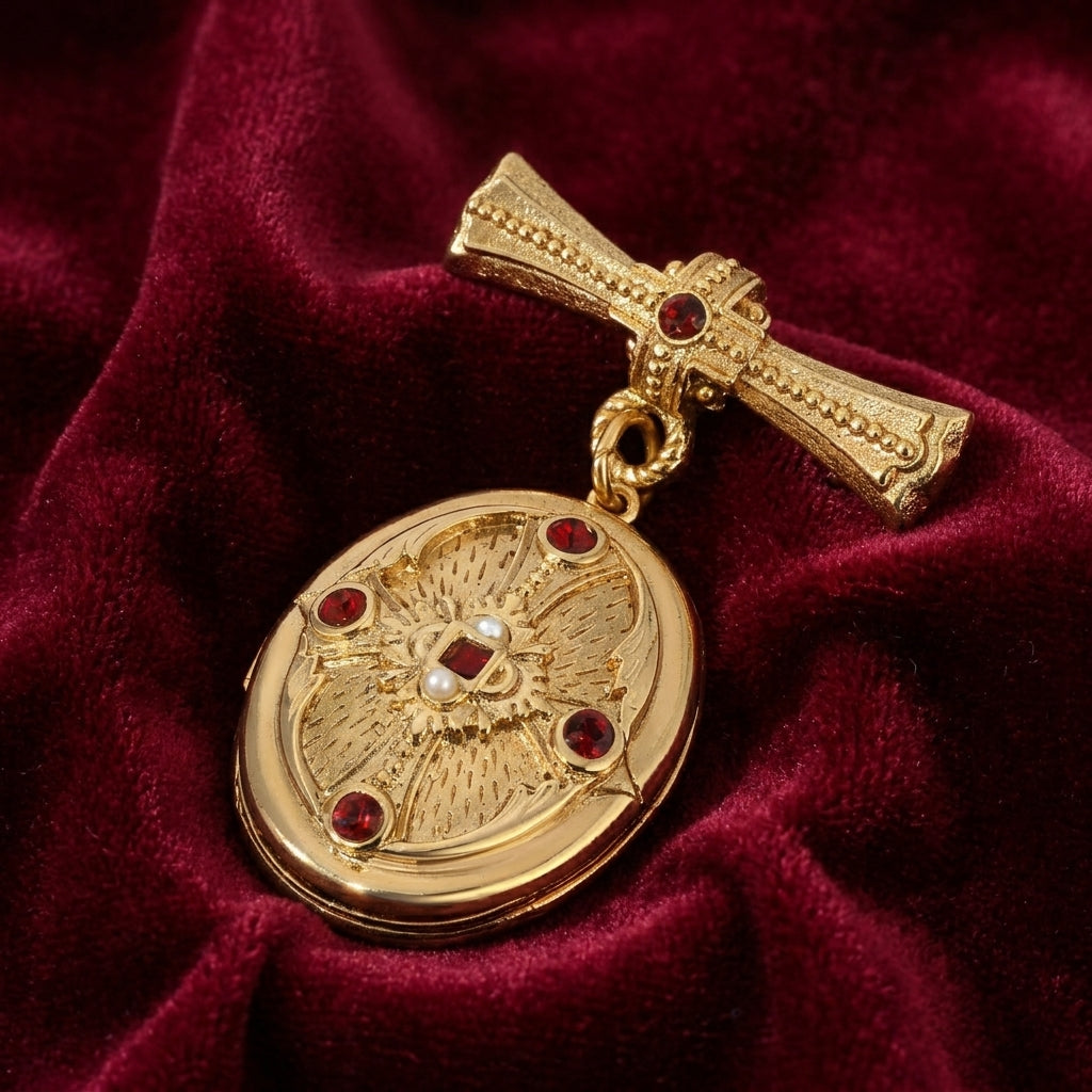 Gold cross brooch locket in closed position with red gemstones on a red fabric background