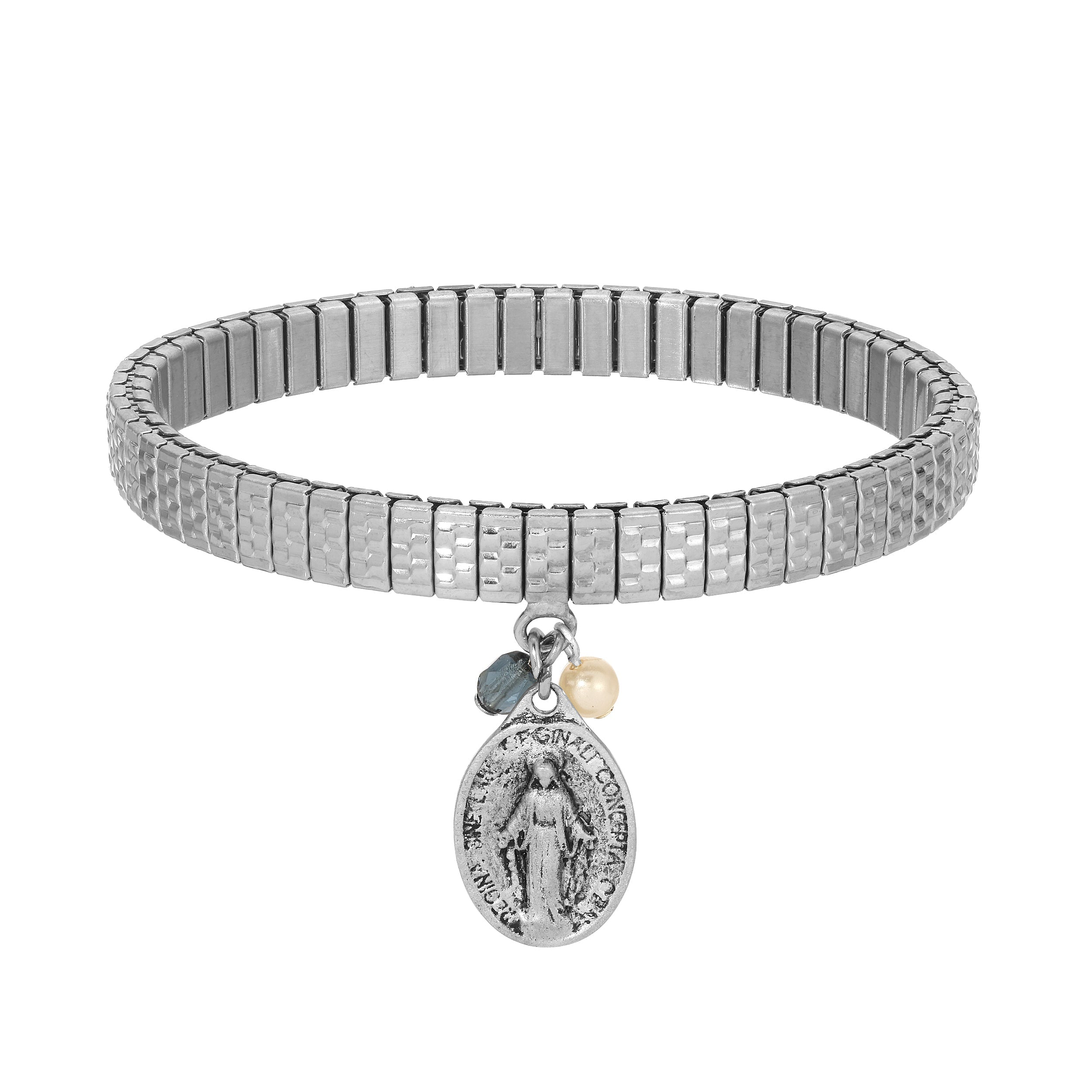 Symbols Of Faith Miraculous Medal Charm Faux Pearl Pearl & Crystal Stretch Bracelet