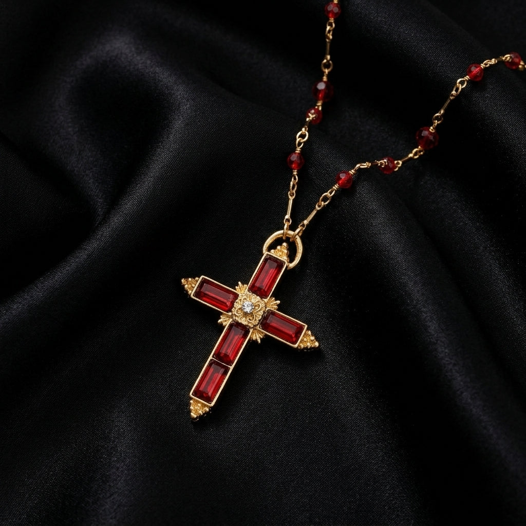 Siam red crystal cross necklace and beads on gold tone metal resting on top of black fabric