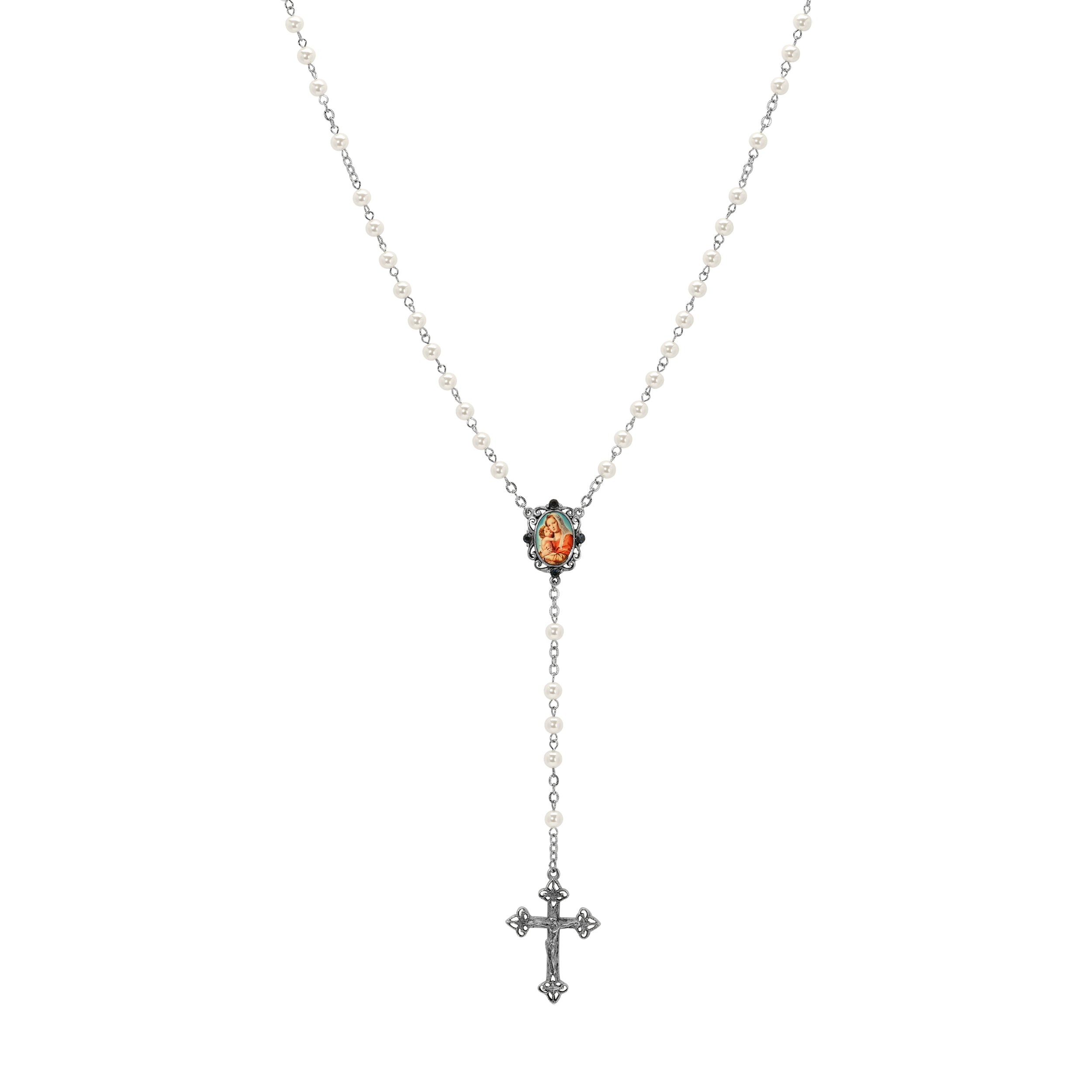 Symbols Of Faith Mary & Child Crucifix Faux Pearl Rosary Pendant Necklace 22"