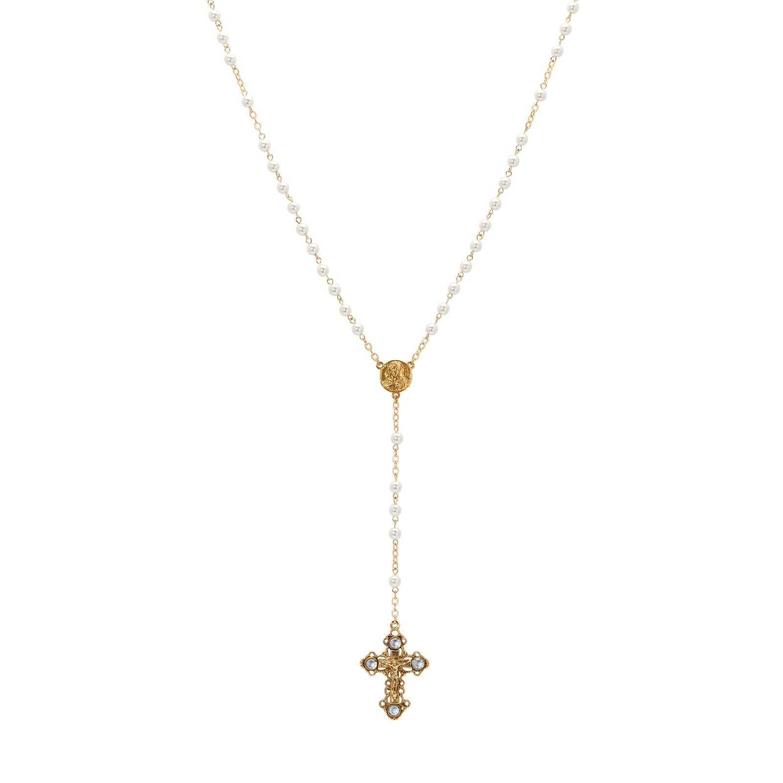 Symbols Of Faith Light Sapphire Channel Crystal Faux Pearl Chain Rosary