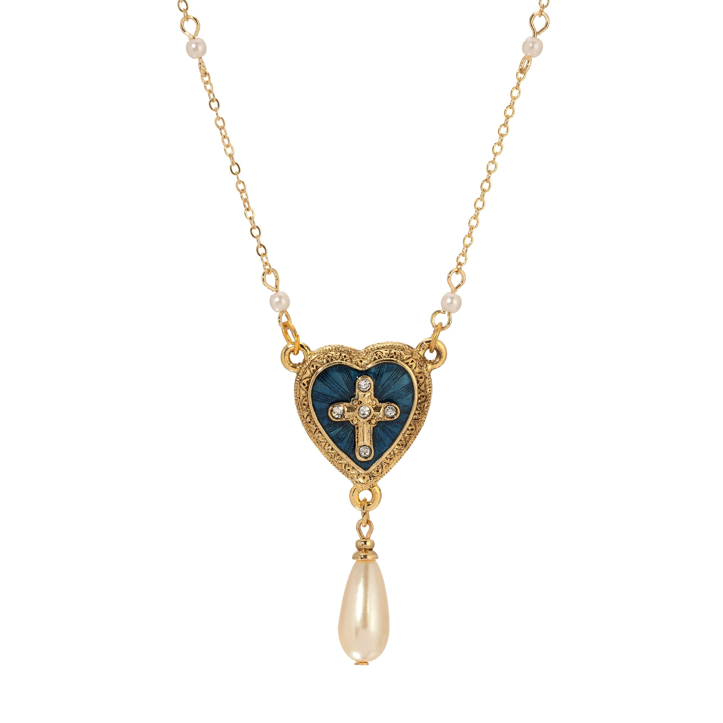 Symbols of Faith Blue Enamel Heart Cross and Pearl Drop Necklace 16" + 3" Extension