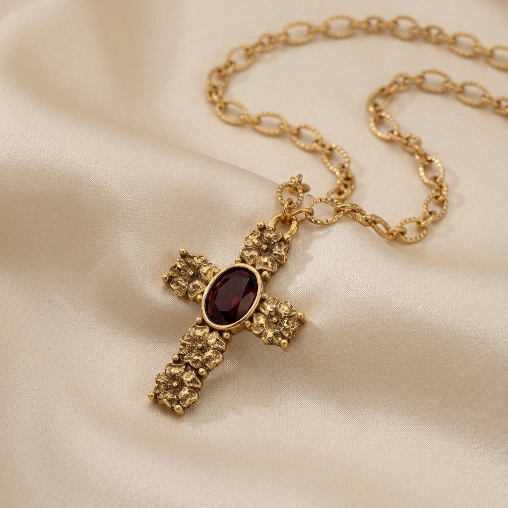 Gold cross necklace with a red gemstone on a beige fabric background