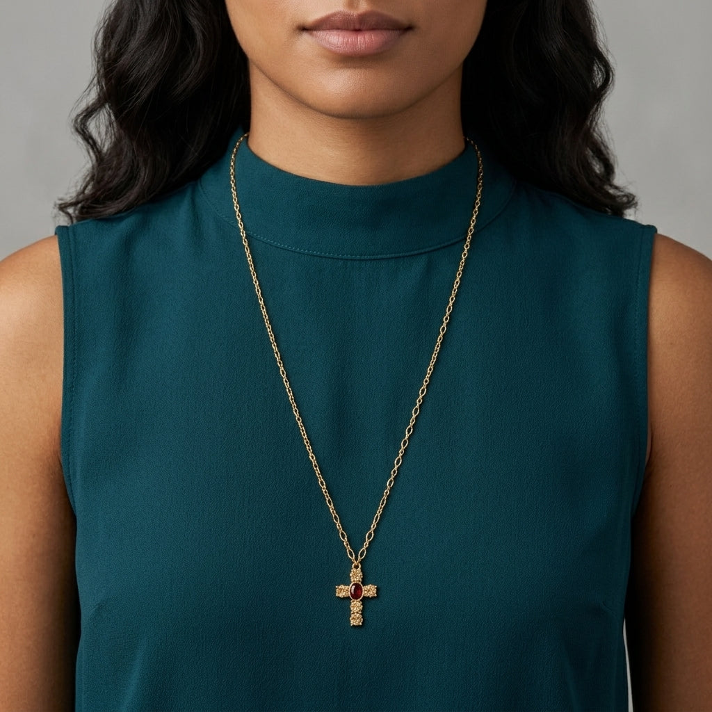 Woman wearing a gold necklace with a cross pendant and red crystal on a gray background