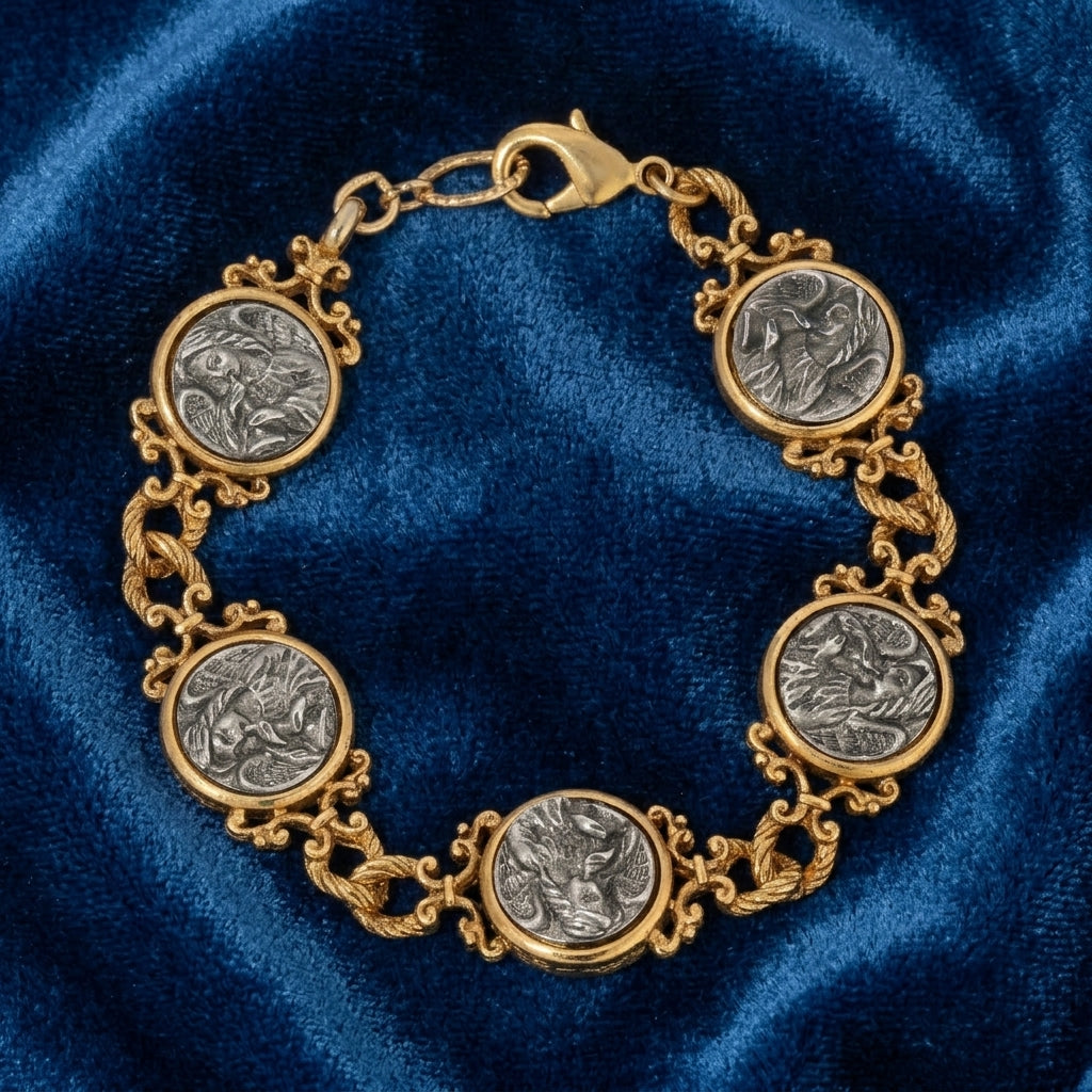 Gold bracelet with silver angel playing the trumpet design components on a blue velvet background