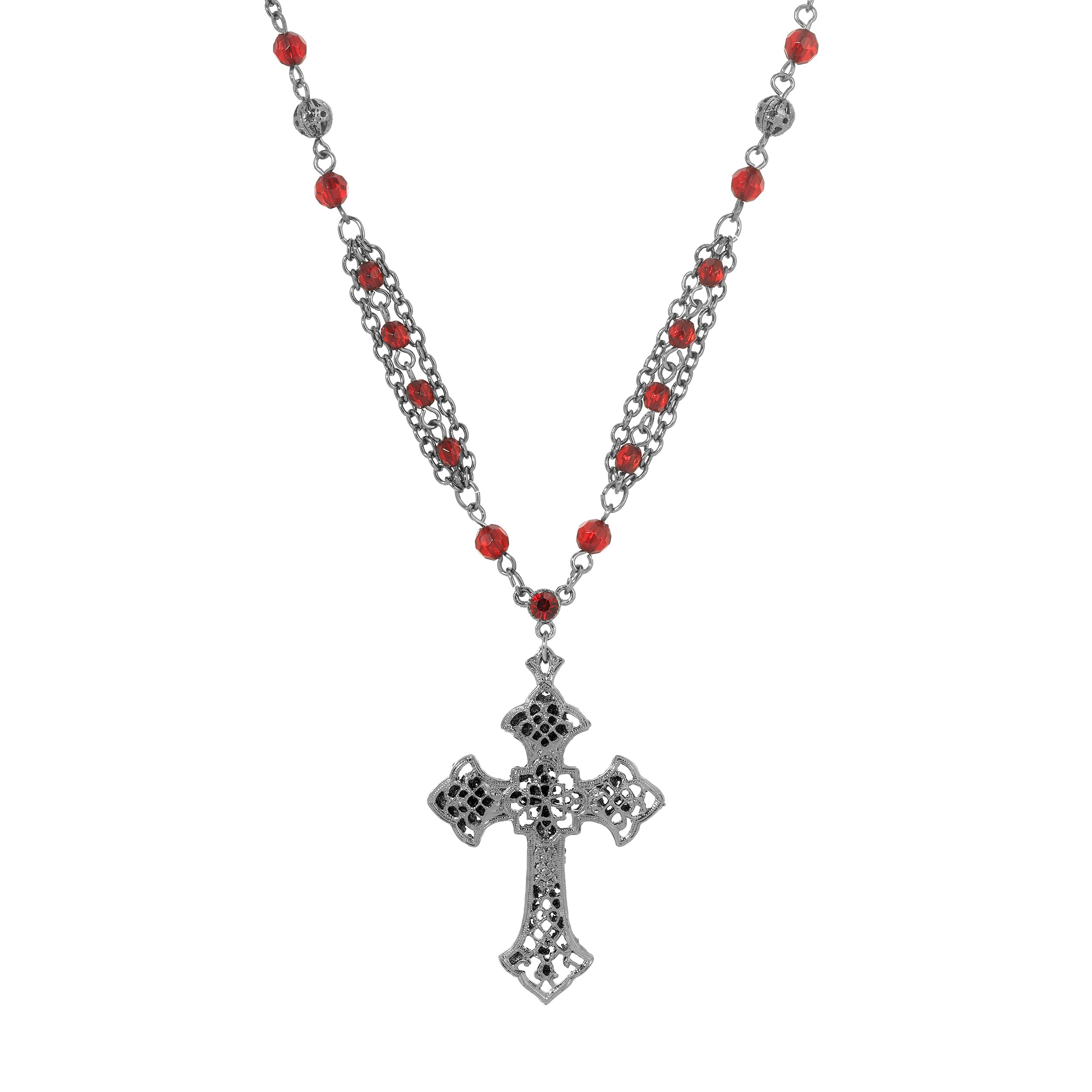 Symbols Of Faith Red Crystal Ornate Black Cross Pendant Necklace 16" + 3" Extension