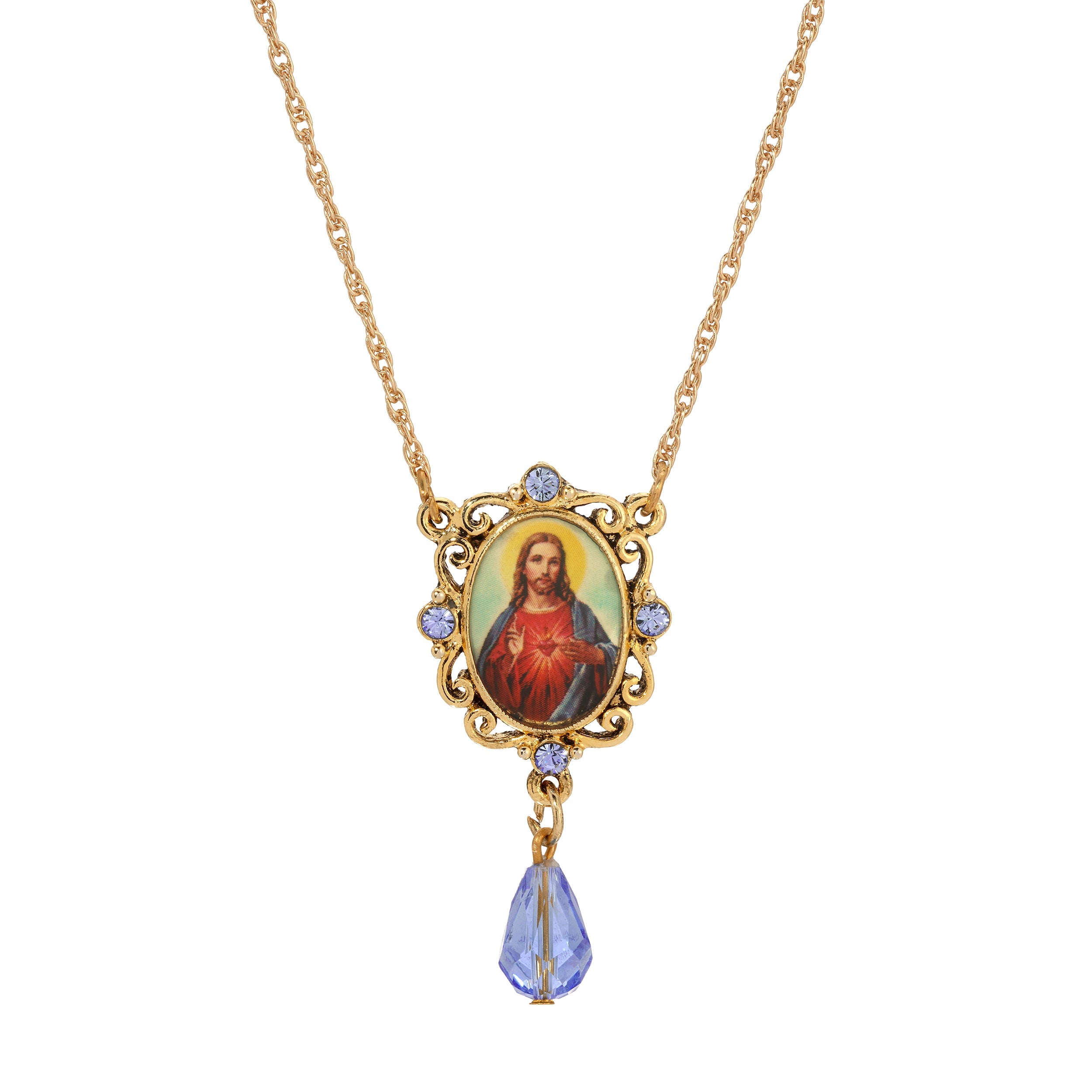Symbols Of Faith Jesus Sacred Heart Sapphire Blue Crystal Drop Pendant Necklace 18"