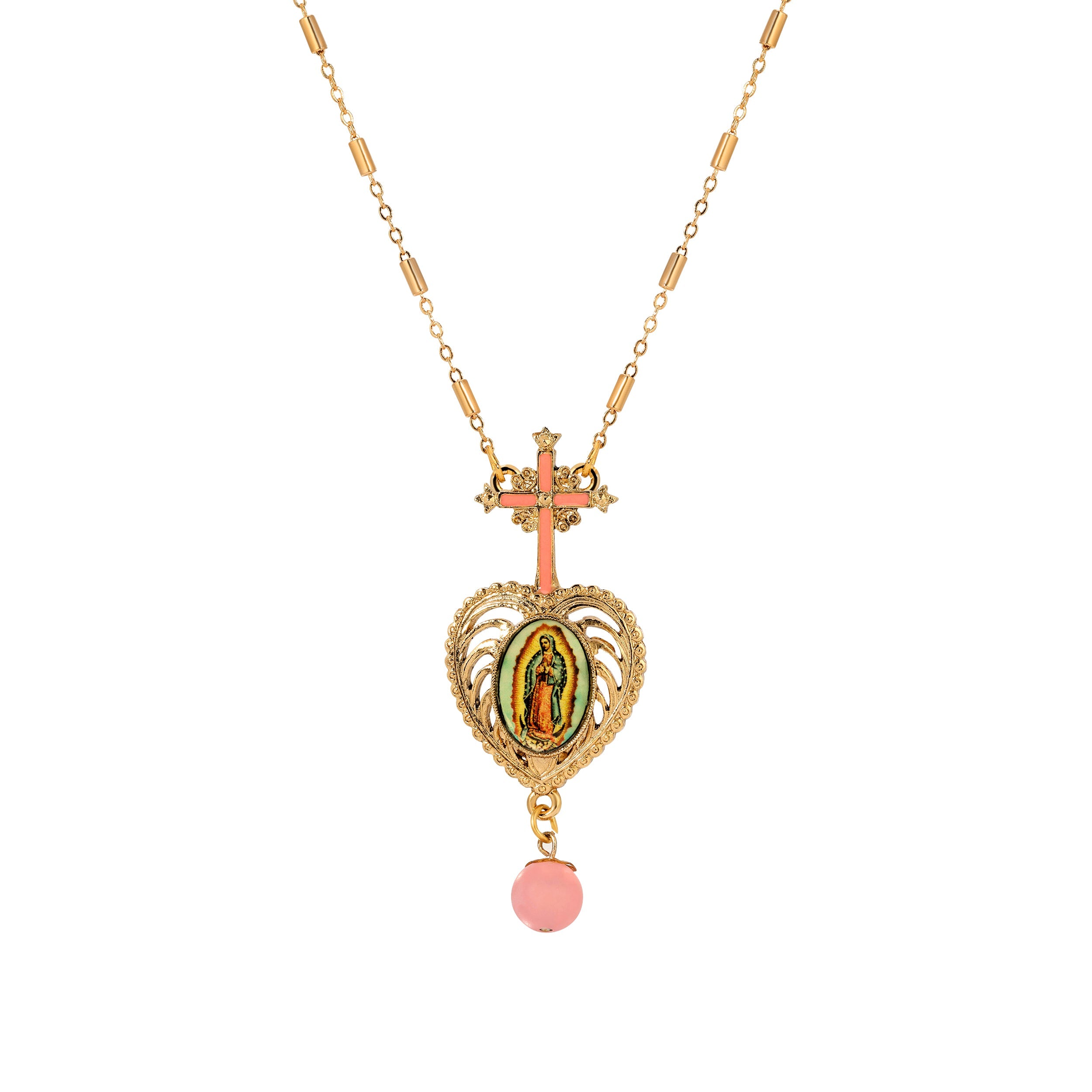 Symbols Of Faith Pink Cross & Our Lady of Guadalupe Heart Pendant Necklace 28"