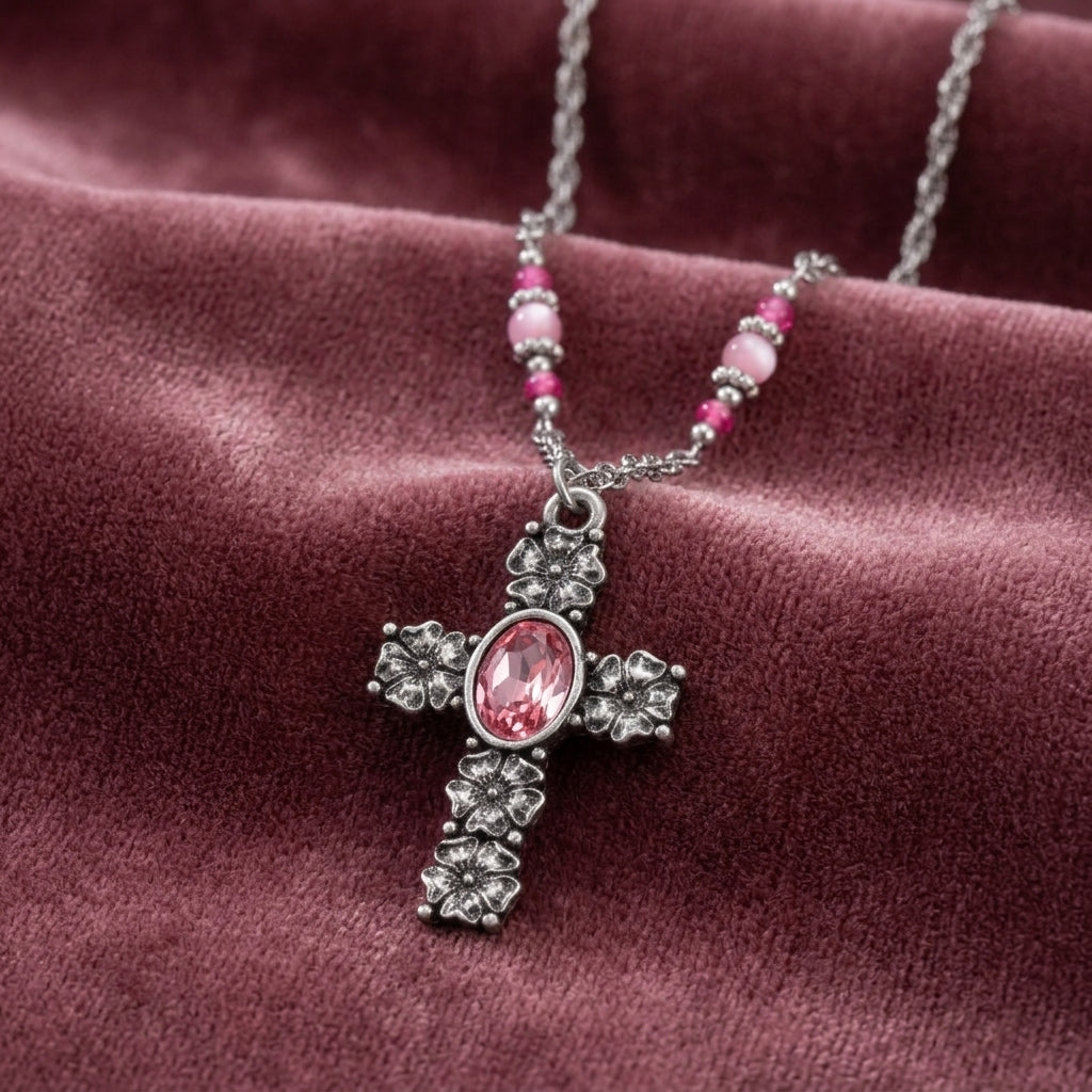 Necklace with a cross pendant featuring a pink gemstone on a maroon fabric background