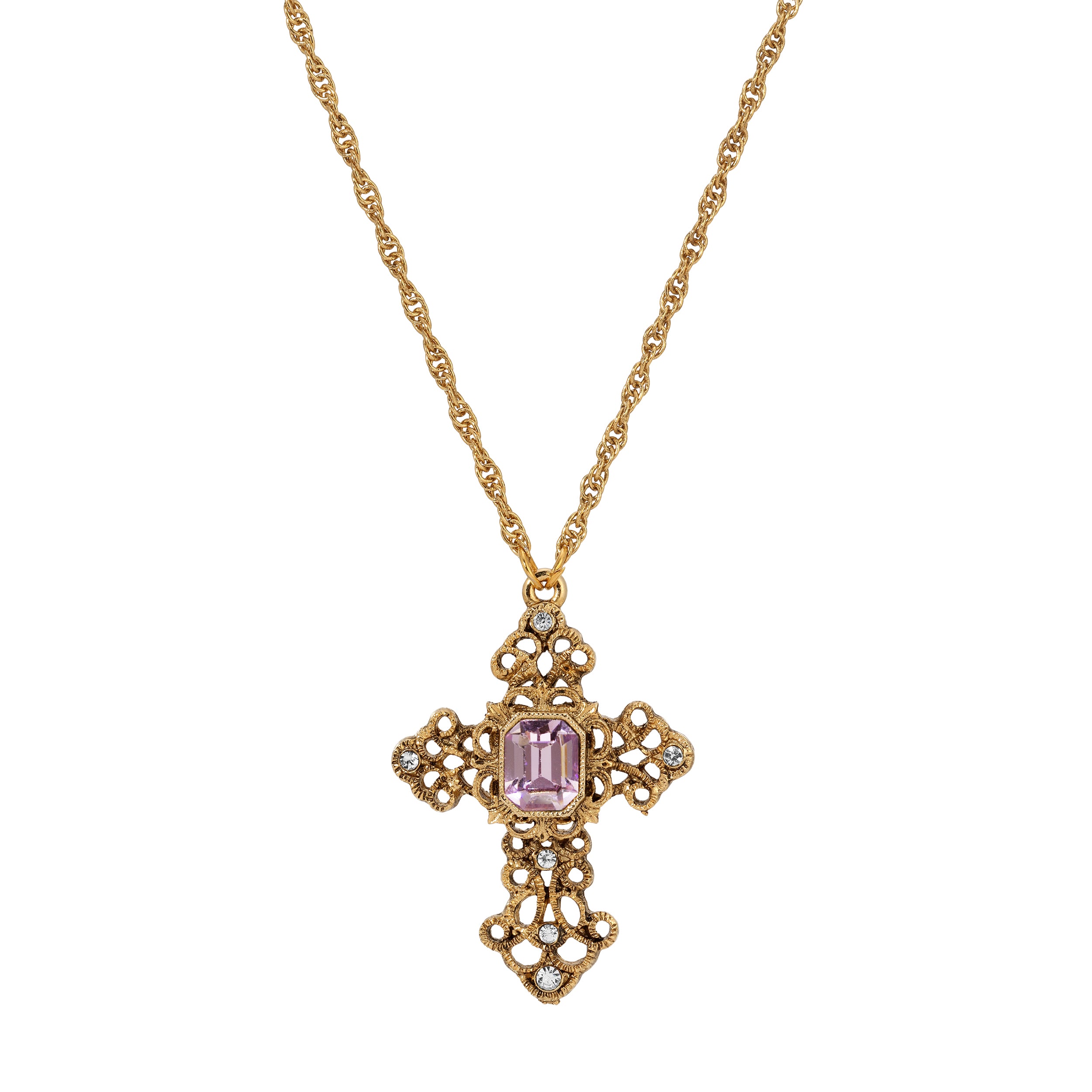 Golden Light Amethyst Stone Crystal Cross Pendant Necklace 24"