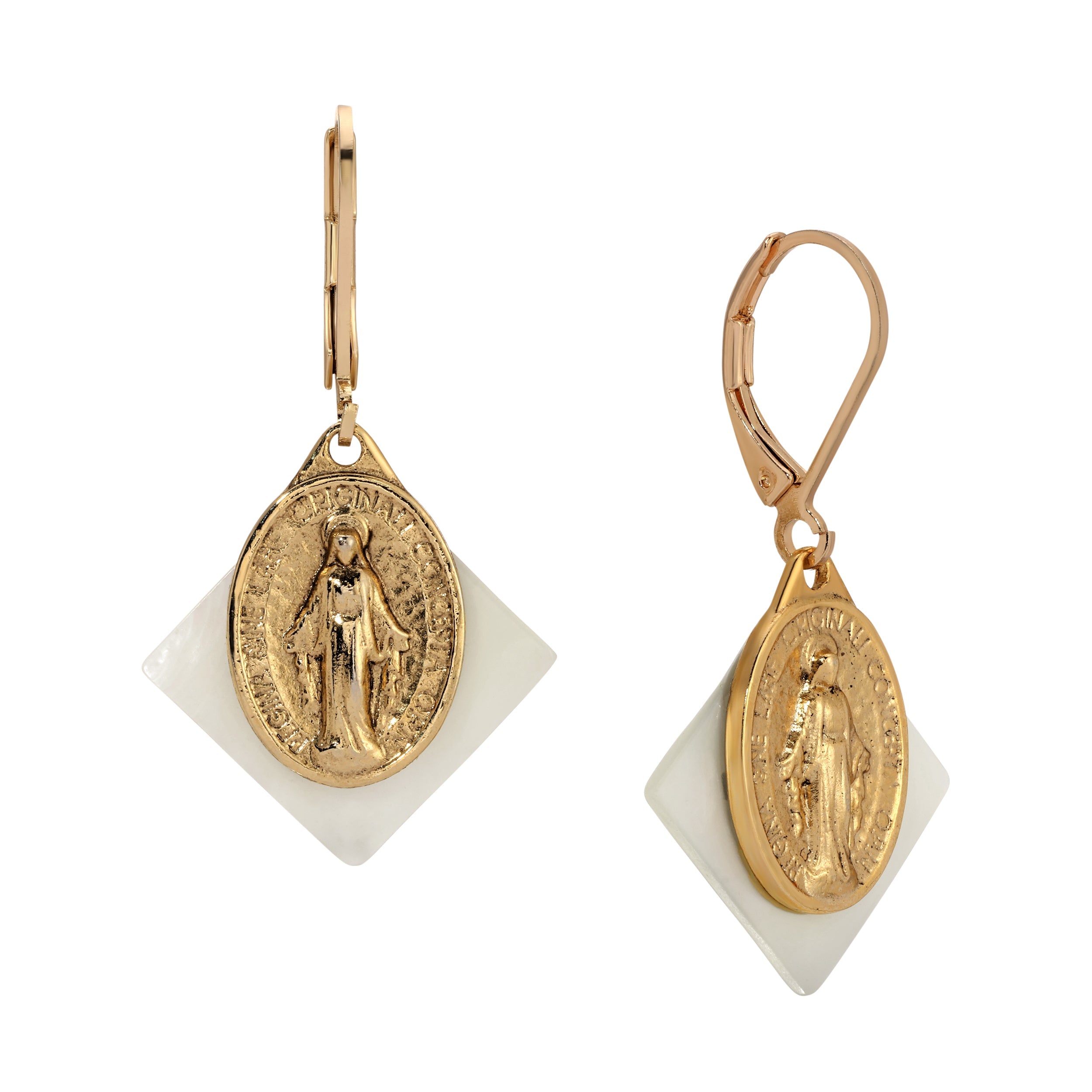 Symbols Of Faith Mother Of Pearl Miraculous Medal Drop Earrings
