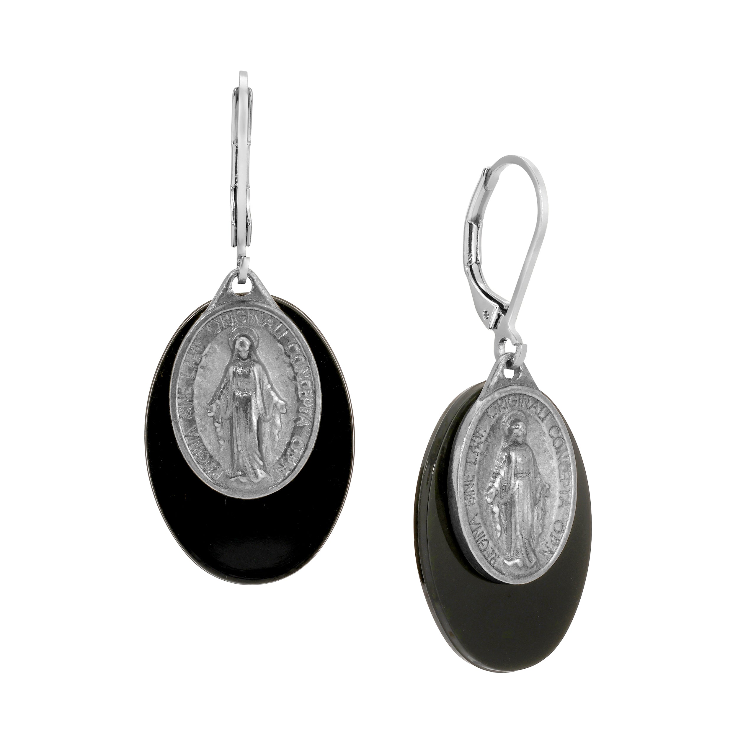 Symbols Of Faith Oval Black Stone Miraculous Medal Drop Earrings