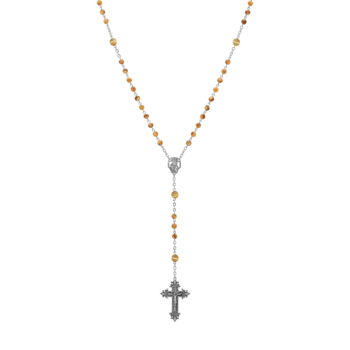 Silver & Fire Polished Brown Beaded Crucifix Rosary