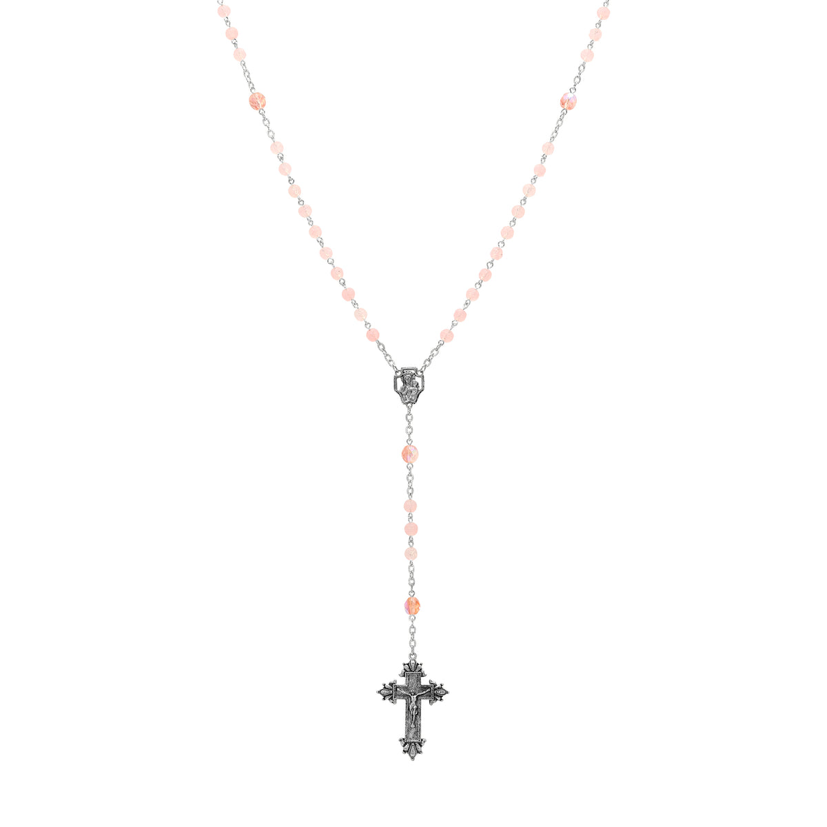 Silver & Fire Polished Pink Beaded Crucifix Rosary